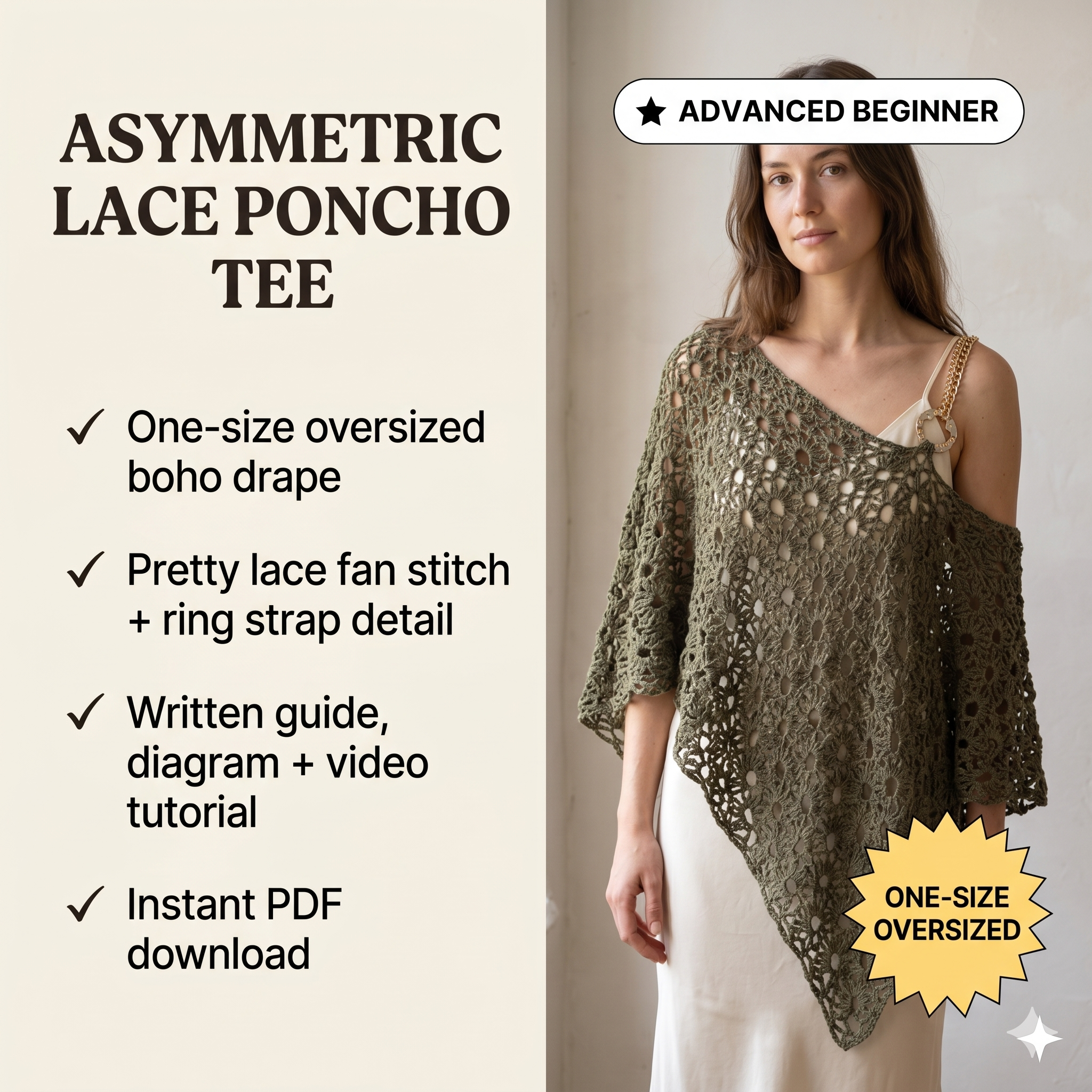 Crochet Asymmetric Lace Poncho Tee Pattern (UK Terms) Digital Download PDF