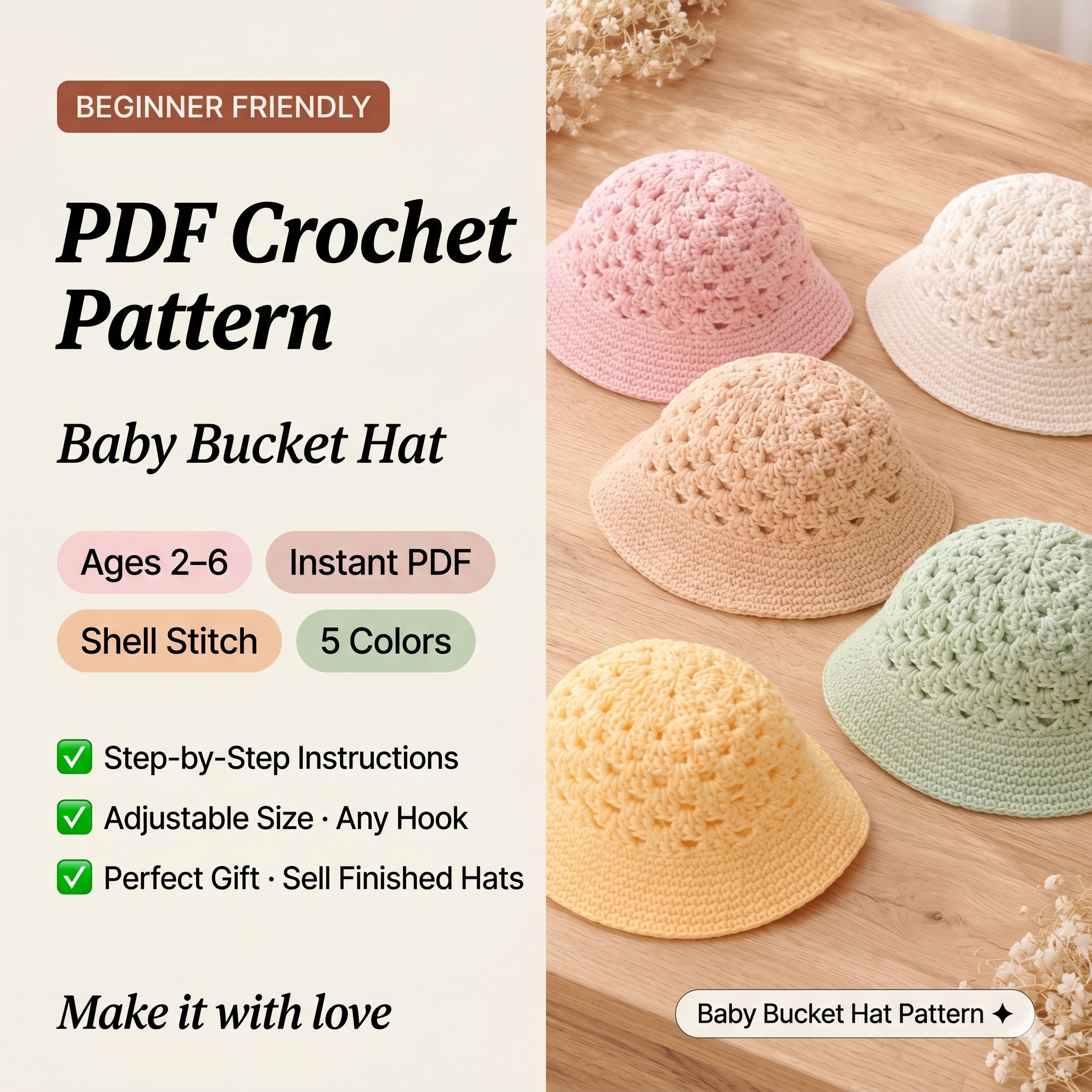 Crochet Baby Bucket Hat Pattern PDF, Easy Summer Sun Hat Kids