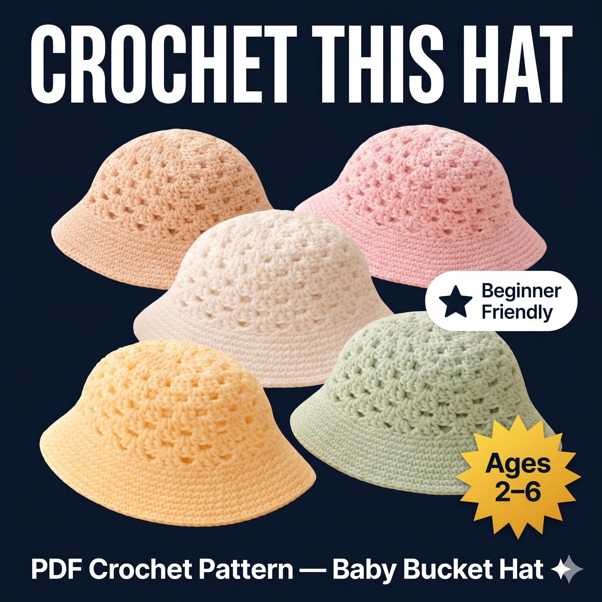 Crochet Baby Bucket Hat Pattern PDF, Easy Summer Sun Hat Kids