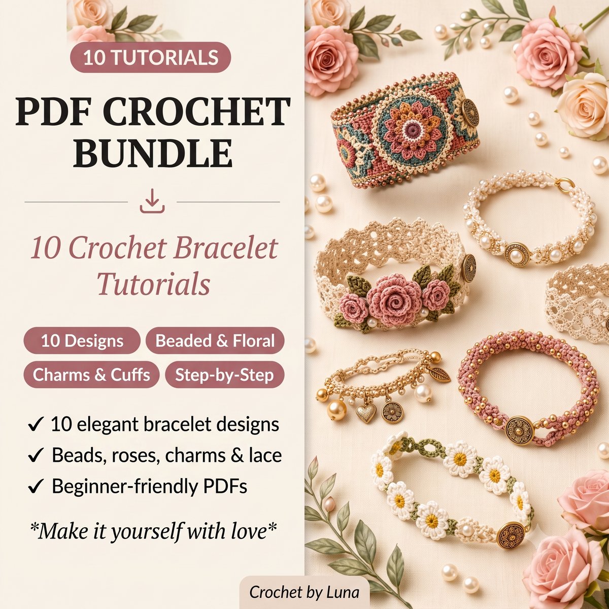 Crochet Bracelet Pattern Bundle PDF | 10 Handmade Jewelry Tutorials, Flower Beaded Boho Bracelets, Beginner, US Terms, Instant Download
