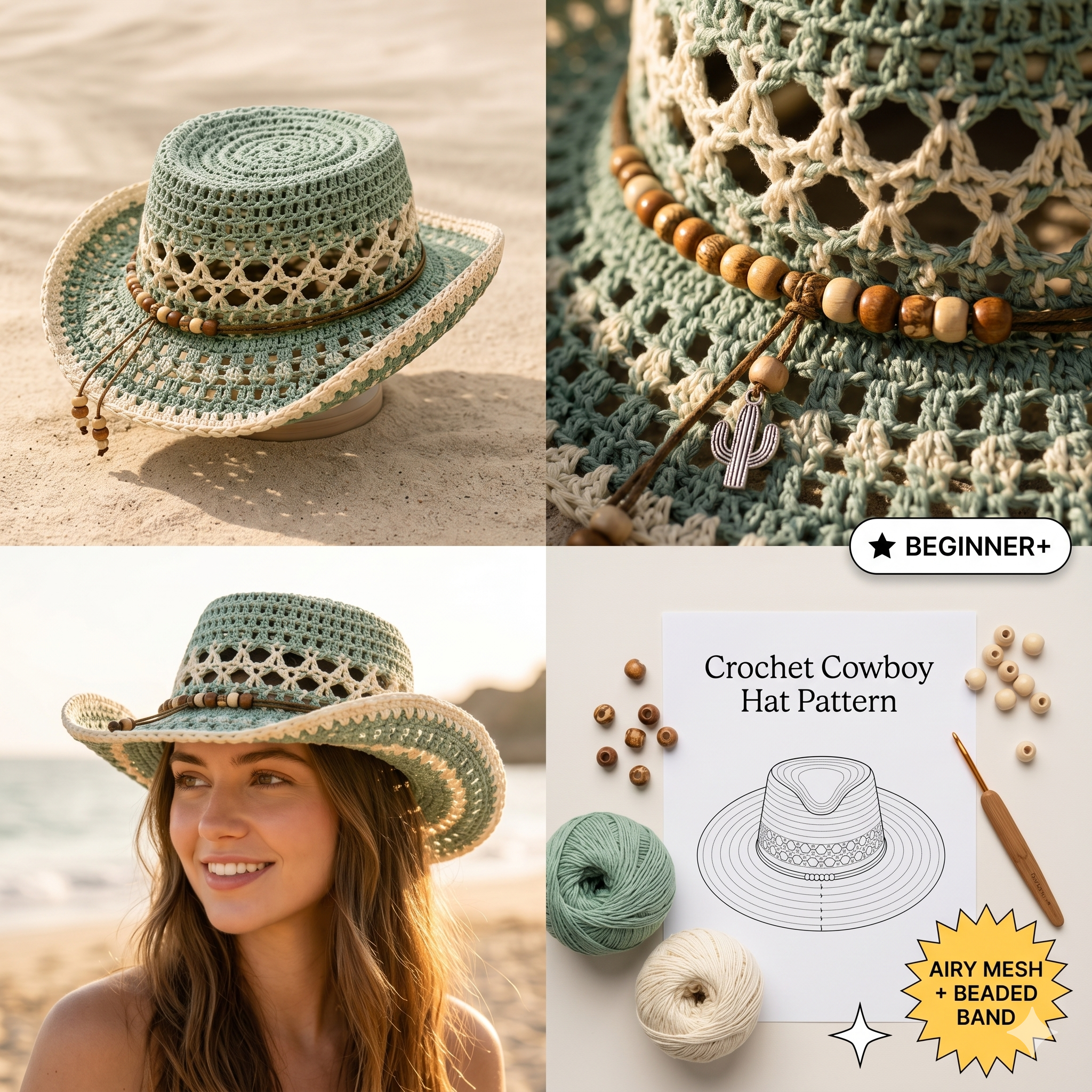 Crochet Cowboy Hat Pattern PDF, Beach Girl Summer Hat Crochet Pattern, Mesh Western Hat Tutorial, Boho Cowgirl Hat DIY, Festival Hat Pattern