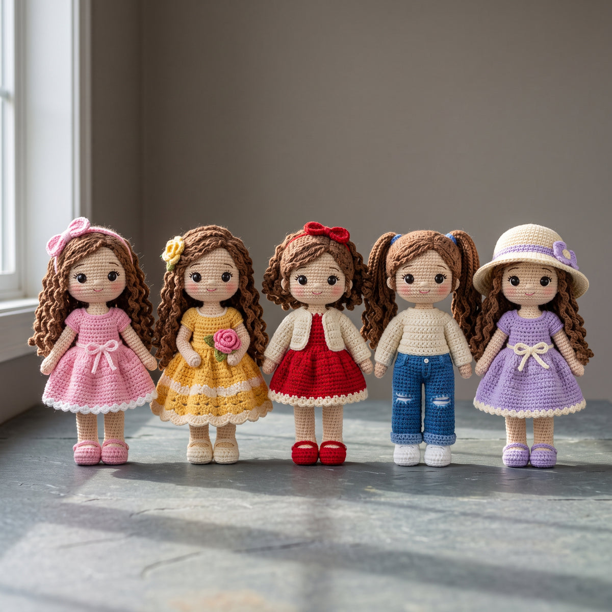 Crochet Doll Pattern PDF, 5 in 1 Doll Collection, One Base Doll with 5 Outfits, Dresses, Cardigan, Sweater and Jeans