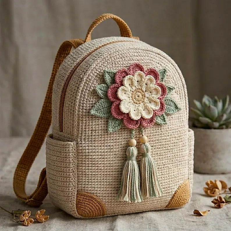 Crochet Floral Backpack Pattern PDF, Chic Boho Mini Backpack, Small Crochet Bag Pattern, Zipper Backpack DIY, Sturdy Bag Design