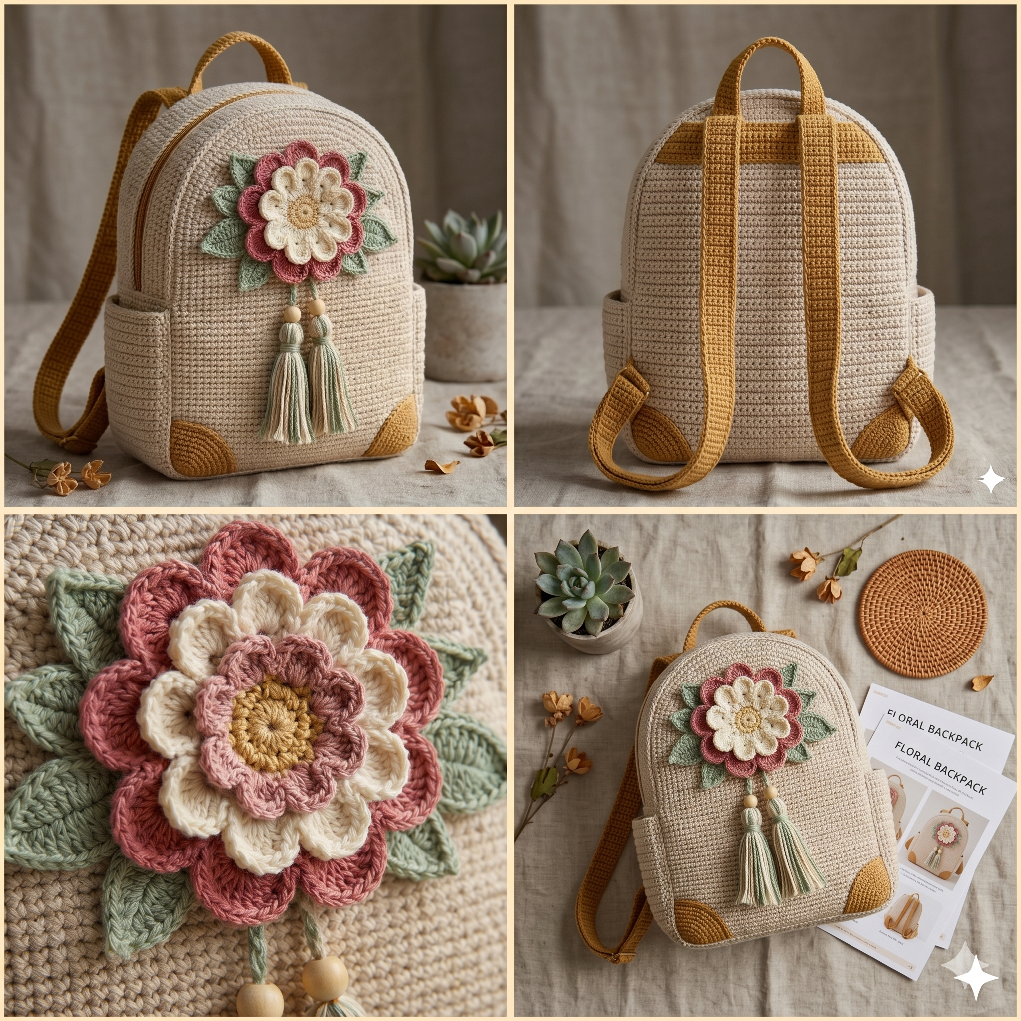 Crochet Floral Backpack Pattern PDF, Chic Boho Mini Backpack, Small Crochet Bag Pattern, Zipper Backpack DIY, Sturdy Bag Design