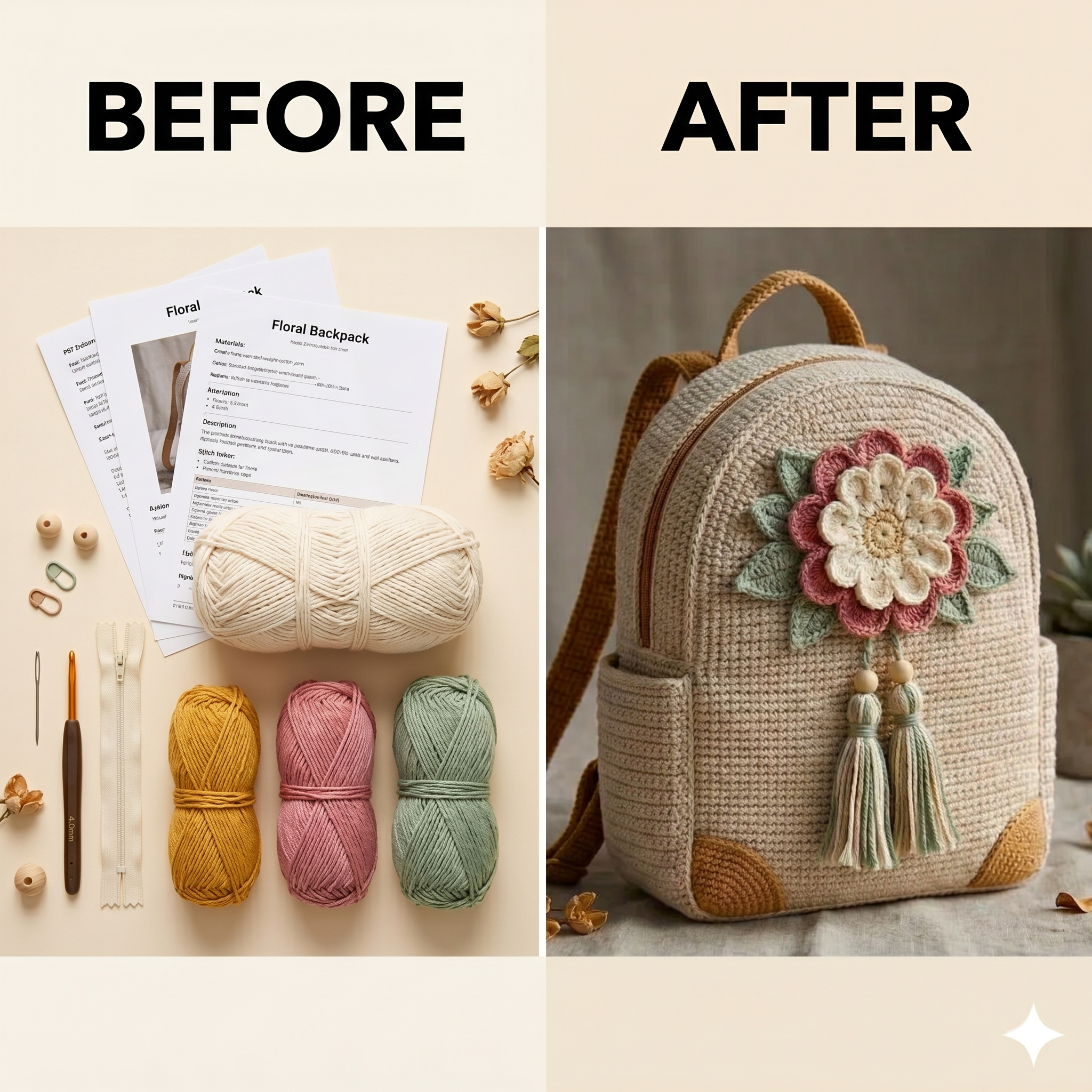 Crochet Floral Backpack Pattern PDF, Chic Boho Mini Backpack, Small Crochet Bag Pattern, Zipper Backpack DIY, Sturdy Bag Design