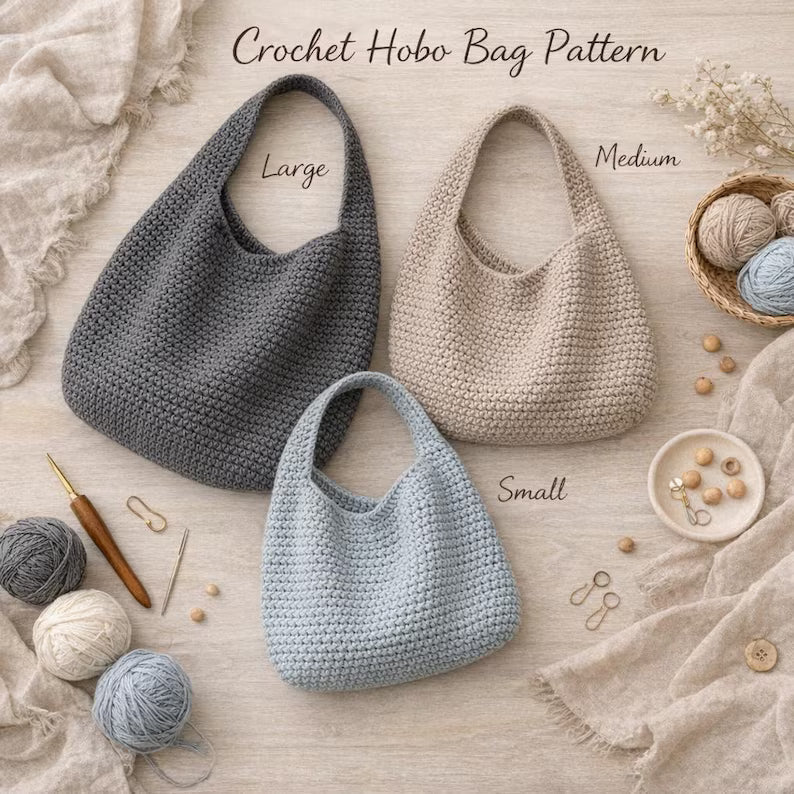 Crochet Hobo Bag Pattern PDF, Slouchy Tote, Beginner Tutorial, 3 Sizes (Small, Medium, Large)