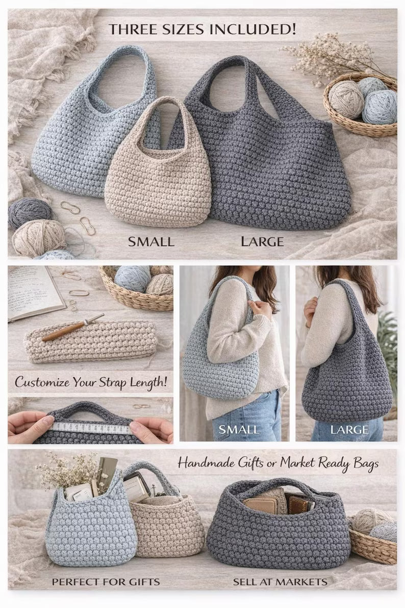 Crochet Hobo Bag Pattern PDF, Slouchy Tote, Beginner Tutorial, 3 Sizes (Small, Medium, Large)