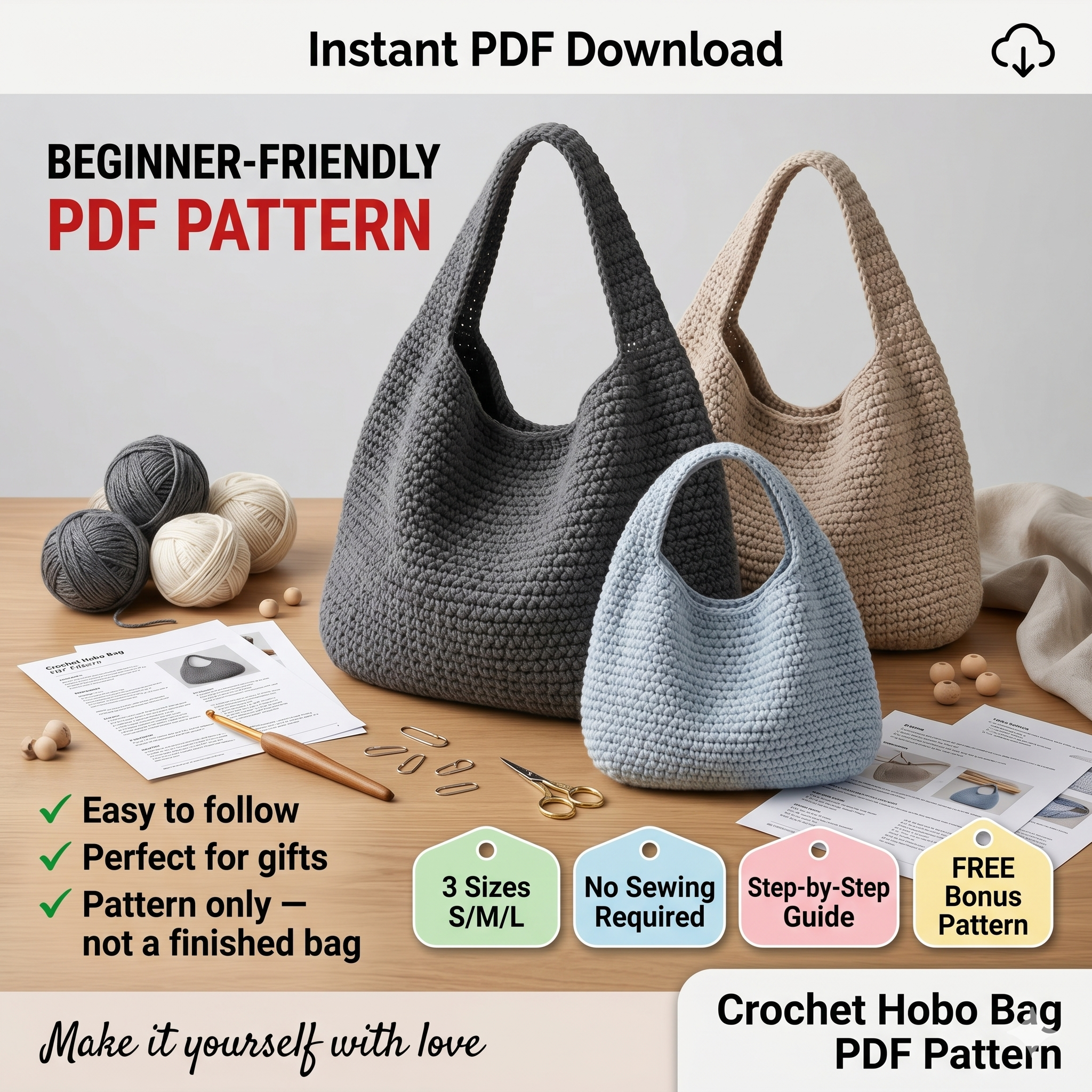 Crochet Hobo Bag Pattern PDF, Slouchy Tote, Beginner Tutorial, 3 Sizes (Small, Medium, Large)