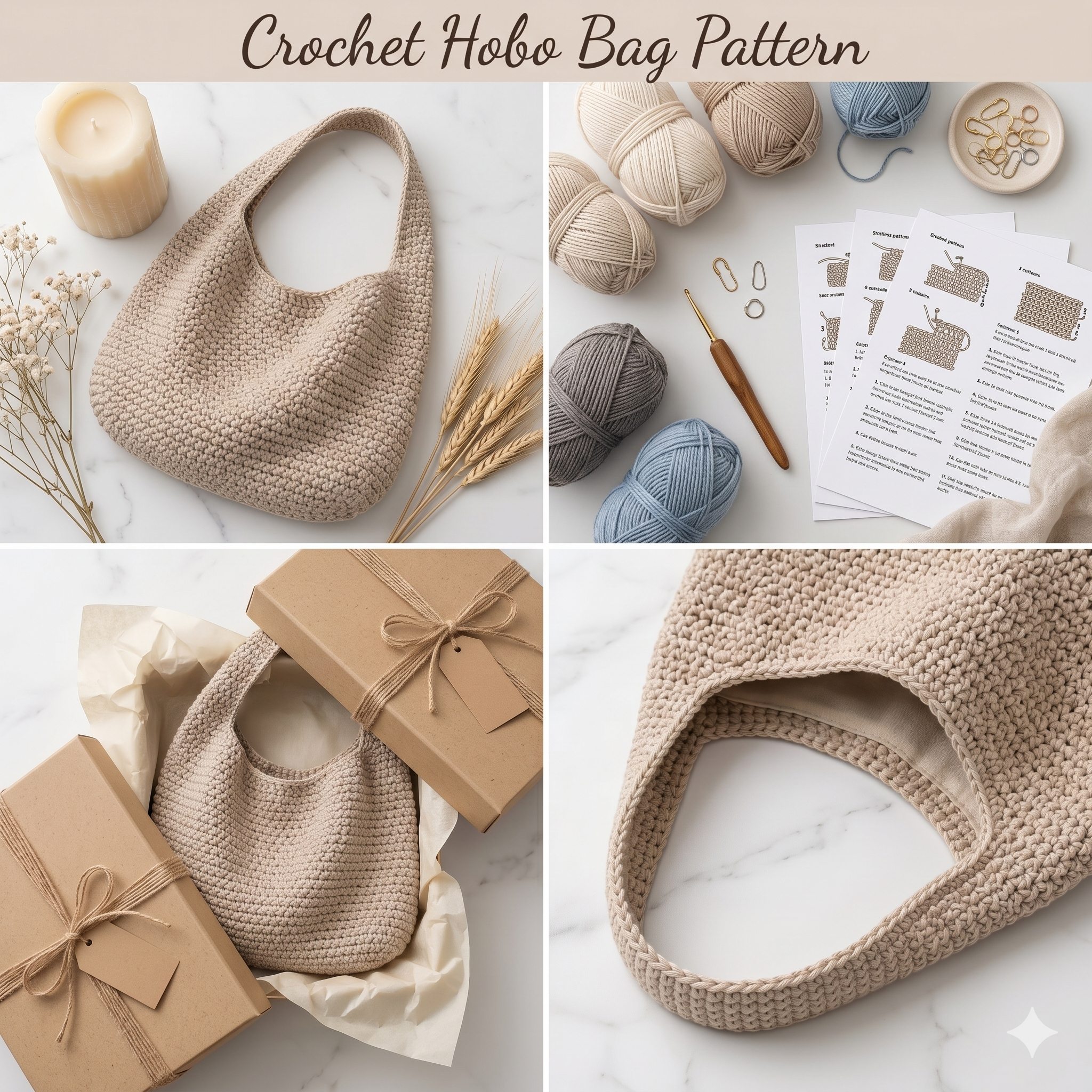 Crochet Hobo Bag Pattern PDF, Slouchy Tote, Beginner Tutorial, 3 Sizes (Small, Medium, Large)