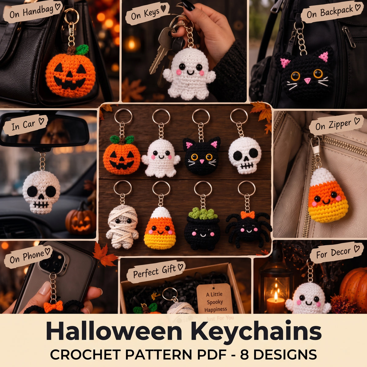 Halloween Crochet Keychain Pattern PDF, 8 Amigurumi Designs, US Terms