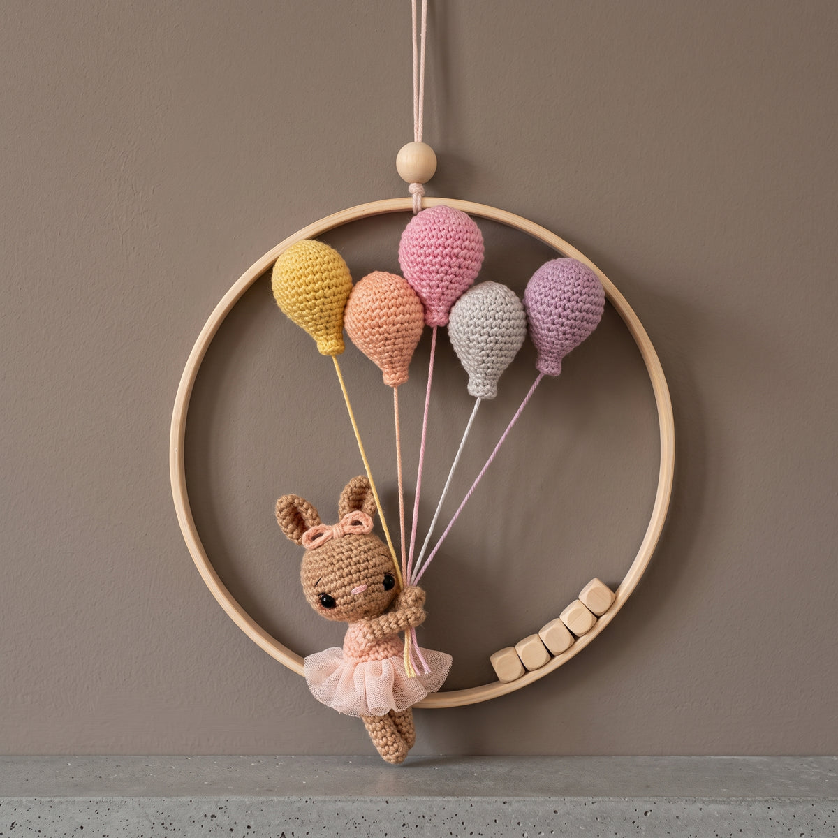 Crochet Nursery Wall Hanging Pattern PDF, Bunny with Balloons in a Wooden Hoop, Amigurumi Baby Room Decor
