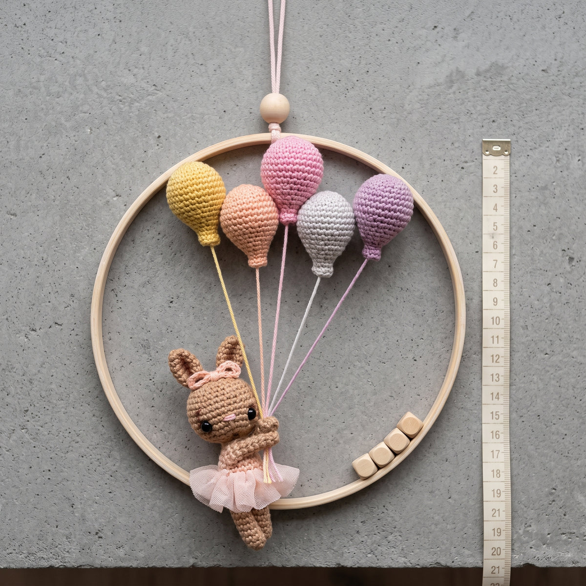 Crochet Nursery Wall Hanging Pattern PDF, Bunny with Balloons in a Wooden Hoop, Amigurumi Baby Room Decor