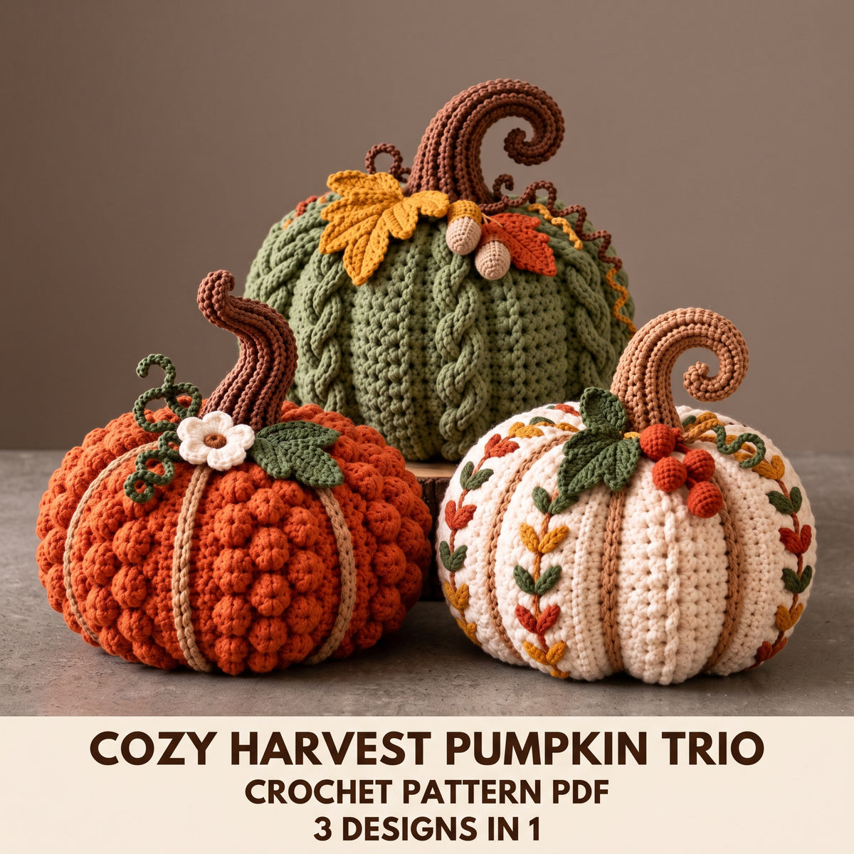 Crochet Pumpkin Pattern PDF, Pumpkin Trio with Bobbles, Cables and Embroidery, Fall Home Decor Amigurumi, Thanksgiving Centerpiece