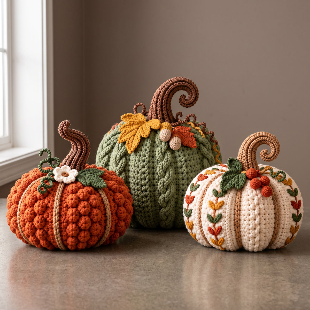 Crochet Pumpkin Pattern PDF, Pumpkin Trio with Bobbles, Cables and Embroidery, Fall Home Decor Amigurumi, Thanksgiving Centerpiece
