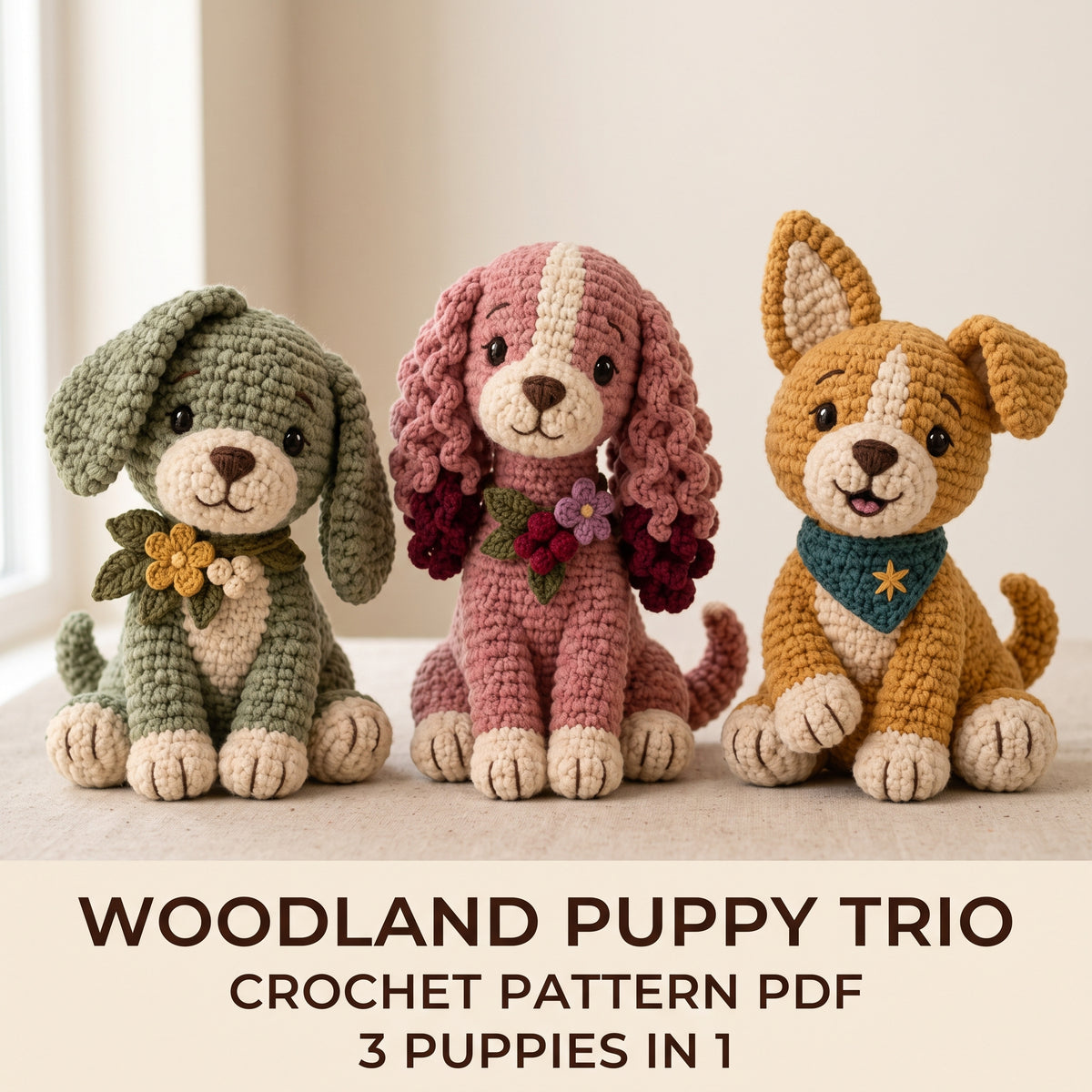 Crochet Puppy Pattern Bundle PDF, 3 Seated Plush Dogs, Floppy Ear, Curly Spaniel and Odd Ear Puppy, Amigurumi Dog