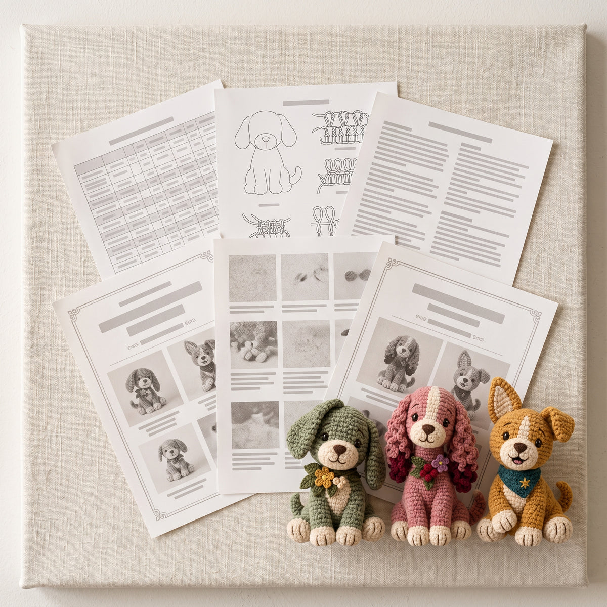 Crochet Puppy Pattern Bundle PDF, 3 Seated Plush Dogs, Floppy Ear, Curly Spaniel and Odd Ear Puppy, Amigurumi Dog