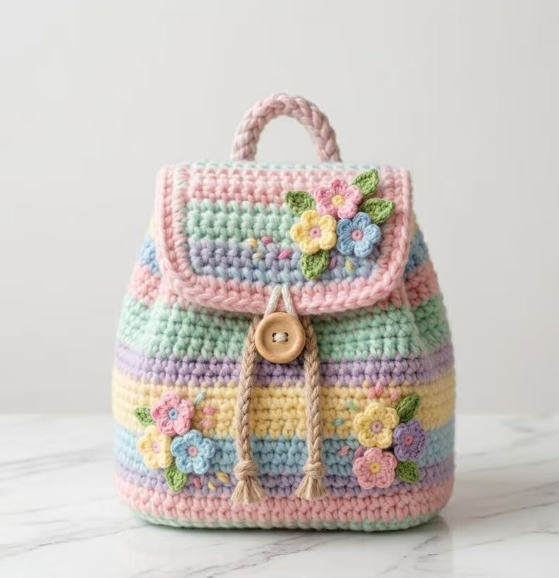 Crochet Spring Flower Backpack Pattern (PDF), Pastel Kids Bag Tutorial