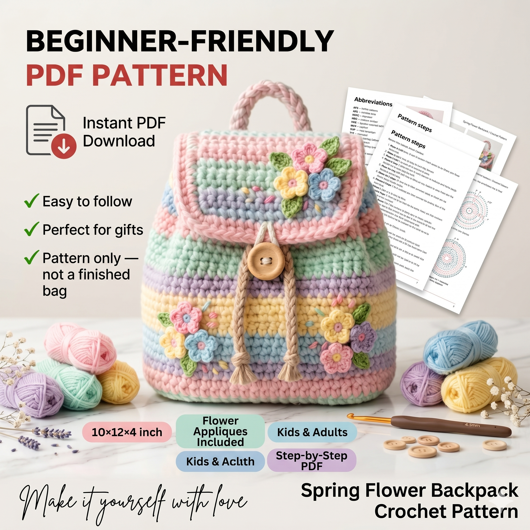 Crochet Spring Flower Backpack Pattern (PDF), Pastel Kids Bag Tutorial