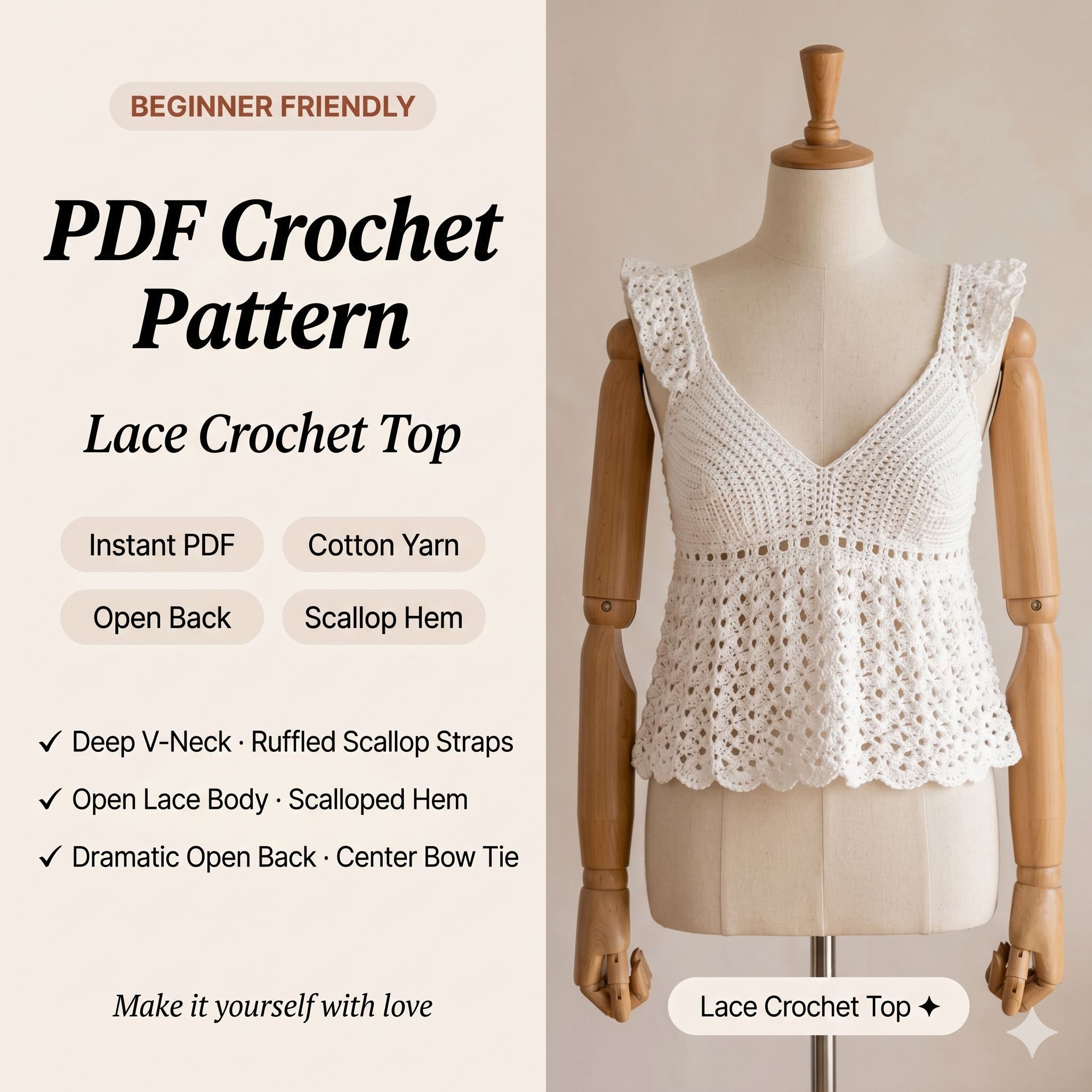 Crochet Tank Top Pattern PDF, Boho Summer Crochet Top Pattern, Easy Lace Camisole Pattern, Womens Crochet Blouse Tutorial, Beginner Friendly