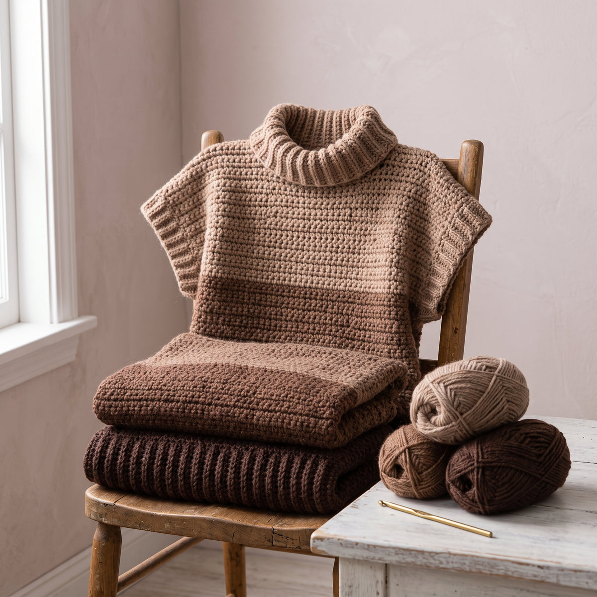 Crochet Tunic Pattern PDF, Oversized Turtleneck Tunic with Side Slits, Ombré Brown, Sizes S to 5XL, Beginner