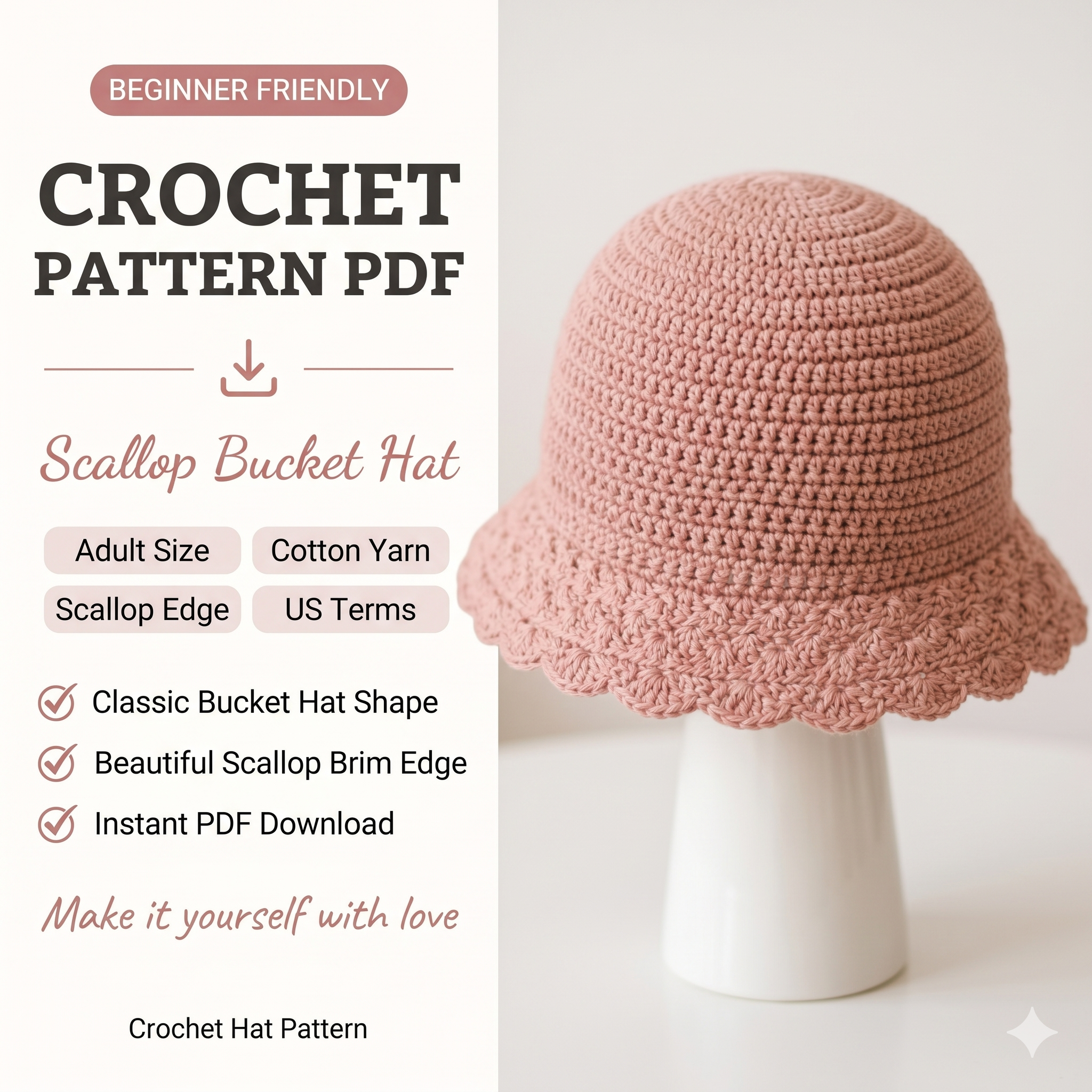 Crochet Bucket Hat Pattern PDF, Handmade Straw Hat for Beginners, Summer Sun Hat Crochet Tutorial, Beach Accessory Pattern, Digital Download