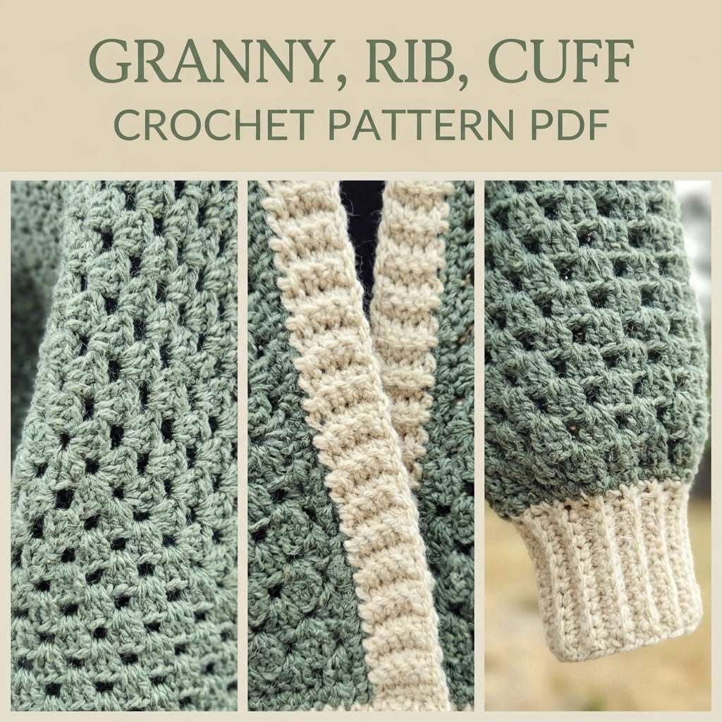 Sage Granny Stitch Cardigan Crochet Pattern PDF – Oversized Cardigan with Ribbed Band