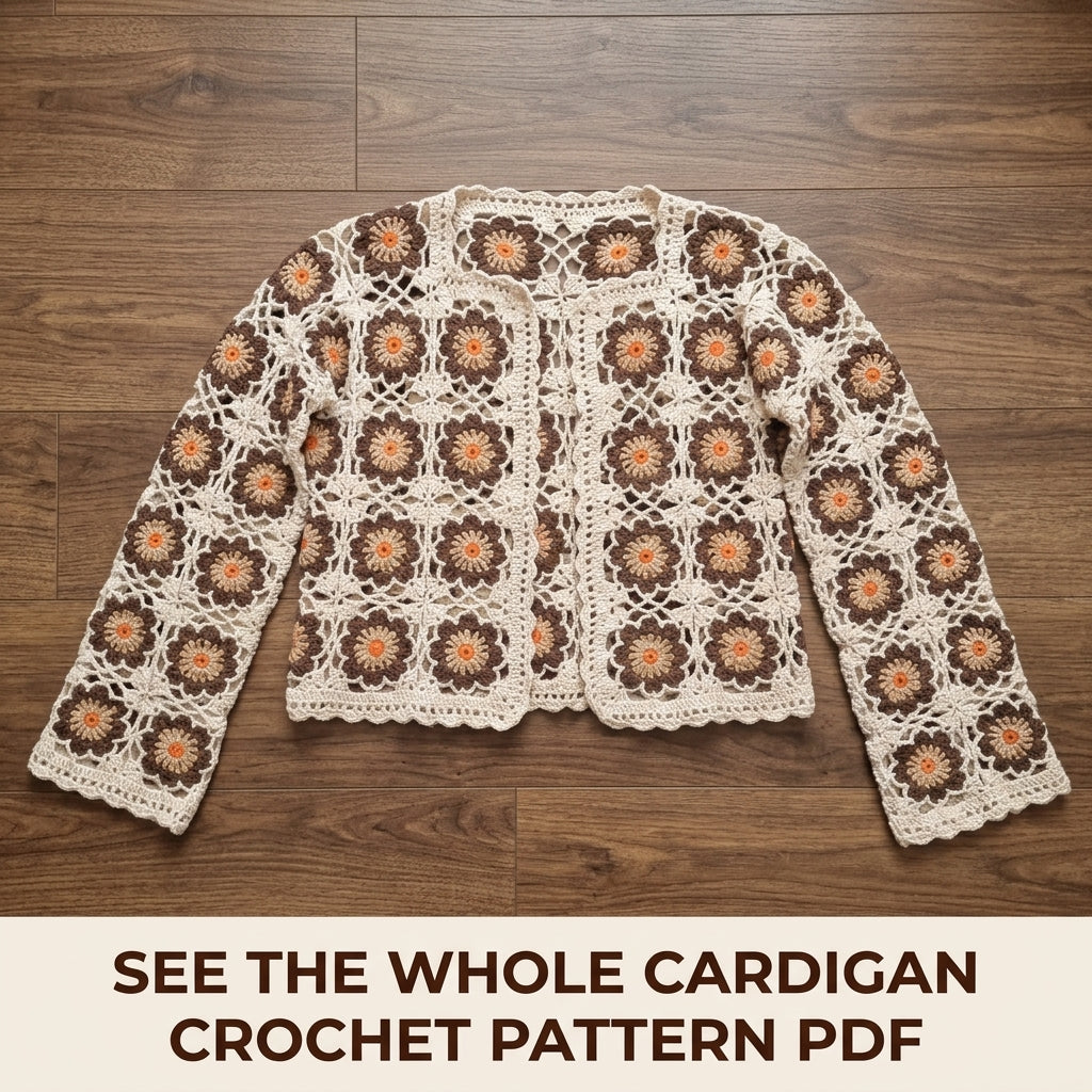 Brown Flower Square Cardigan Crochet Pattern PDF – Cropped Boho Cardigan