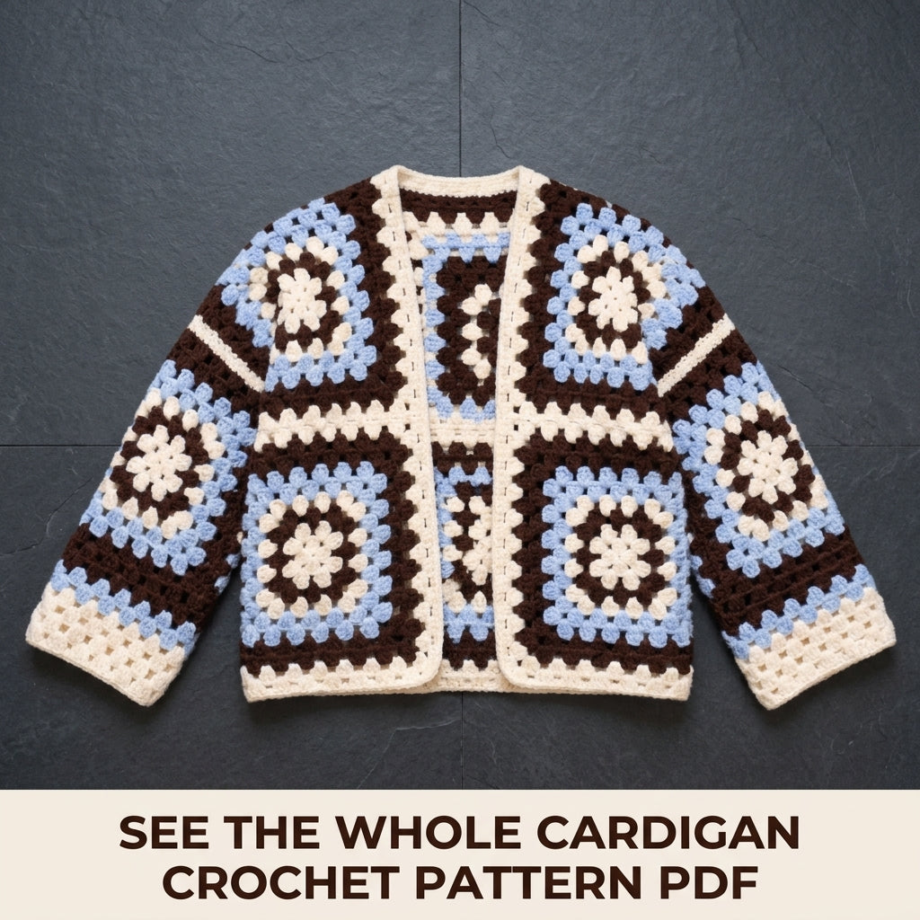 Chocolate and Sky Granny Square Cardigan Crochet Pattern PDF – Boxy Brown and Blue Cardigan