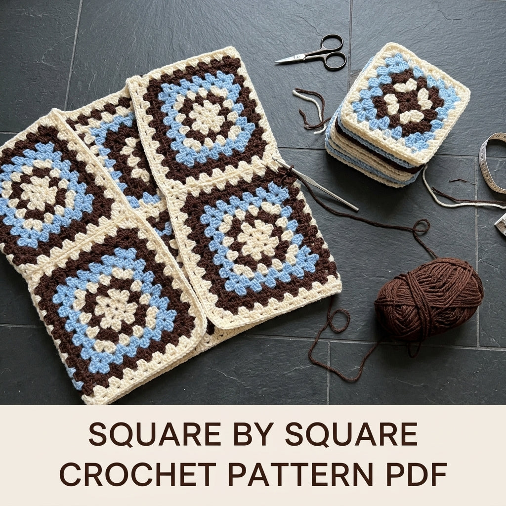 Chocolate and Sky Granny Square Cardigan Crochet Pattern PDF – Boxy Brown and Blue Cardigan