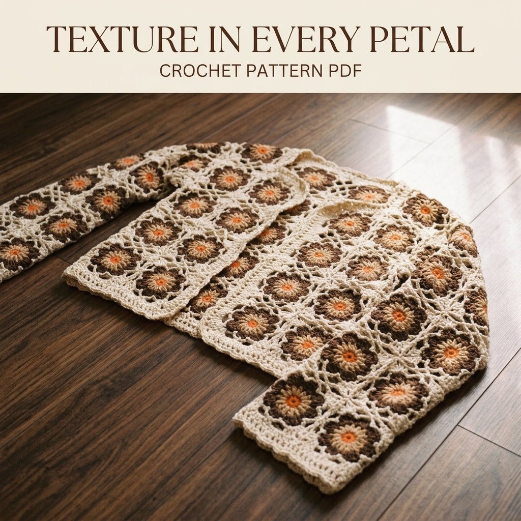 Brown Flower Square Cardigan Crochet Pattern PDF – Cropped Boho Cardigan