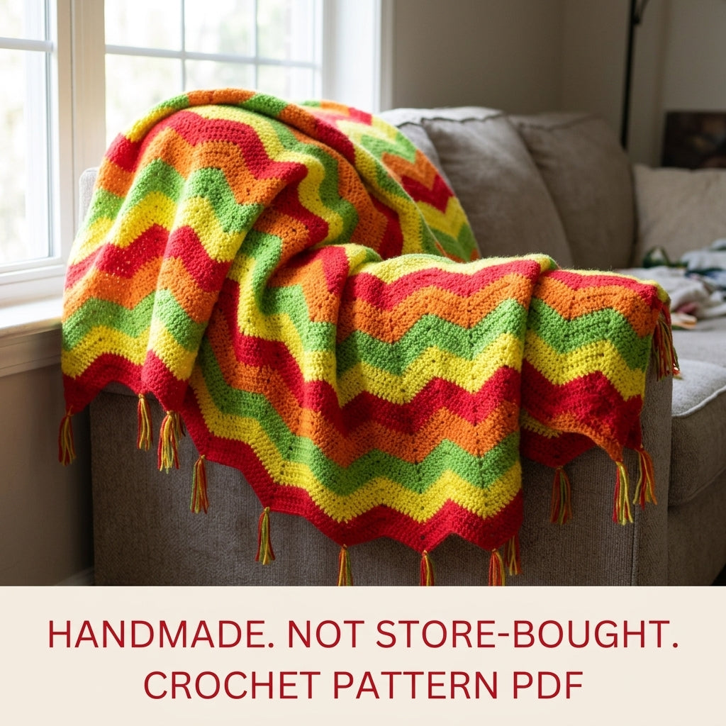 Bright Ripple Blanket Crochet Pattern PDF – Bright Zigzag Afghan with Tassels