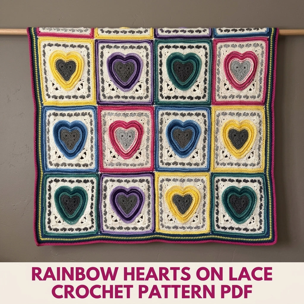 Rainbow Heart Granny Square Blanket Crochet Pattern PDF – Hearts Afghan