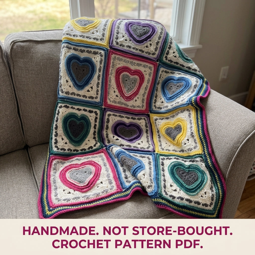 Rainbow Heart Granny Square Blanket Crochet Pattern PDF – Hearts Afghan