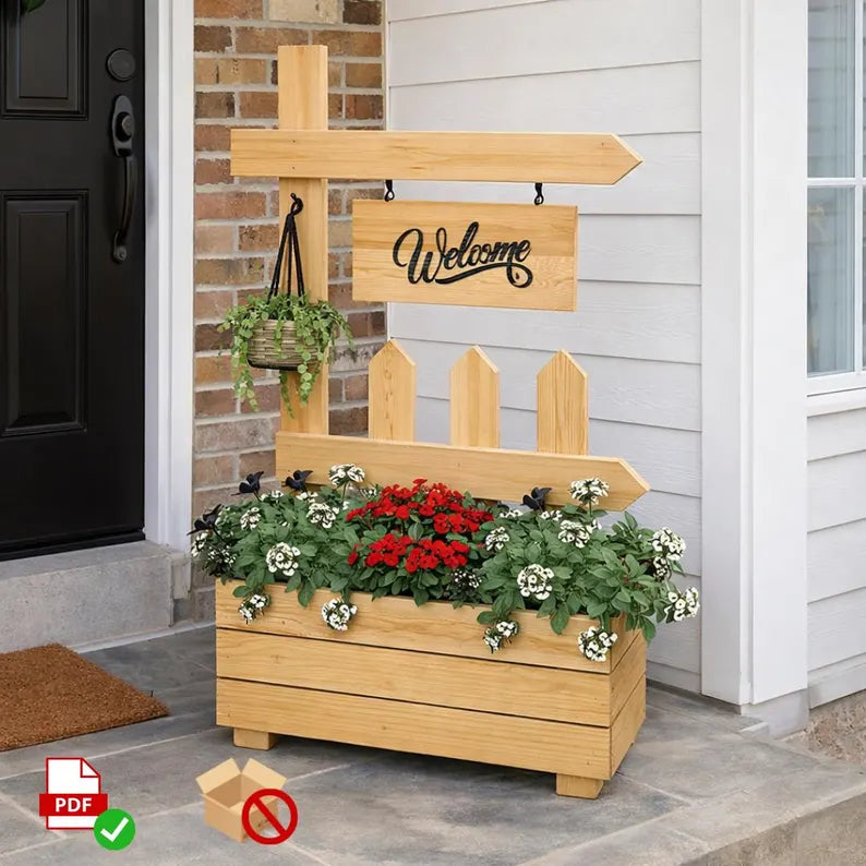 DIY Welcome Planter Plan PDF | Porch Sign Stand with Flower Box |Beginner Woodworking