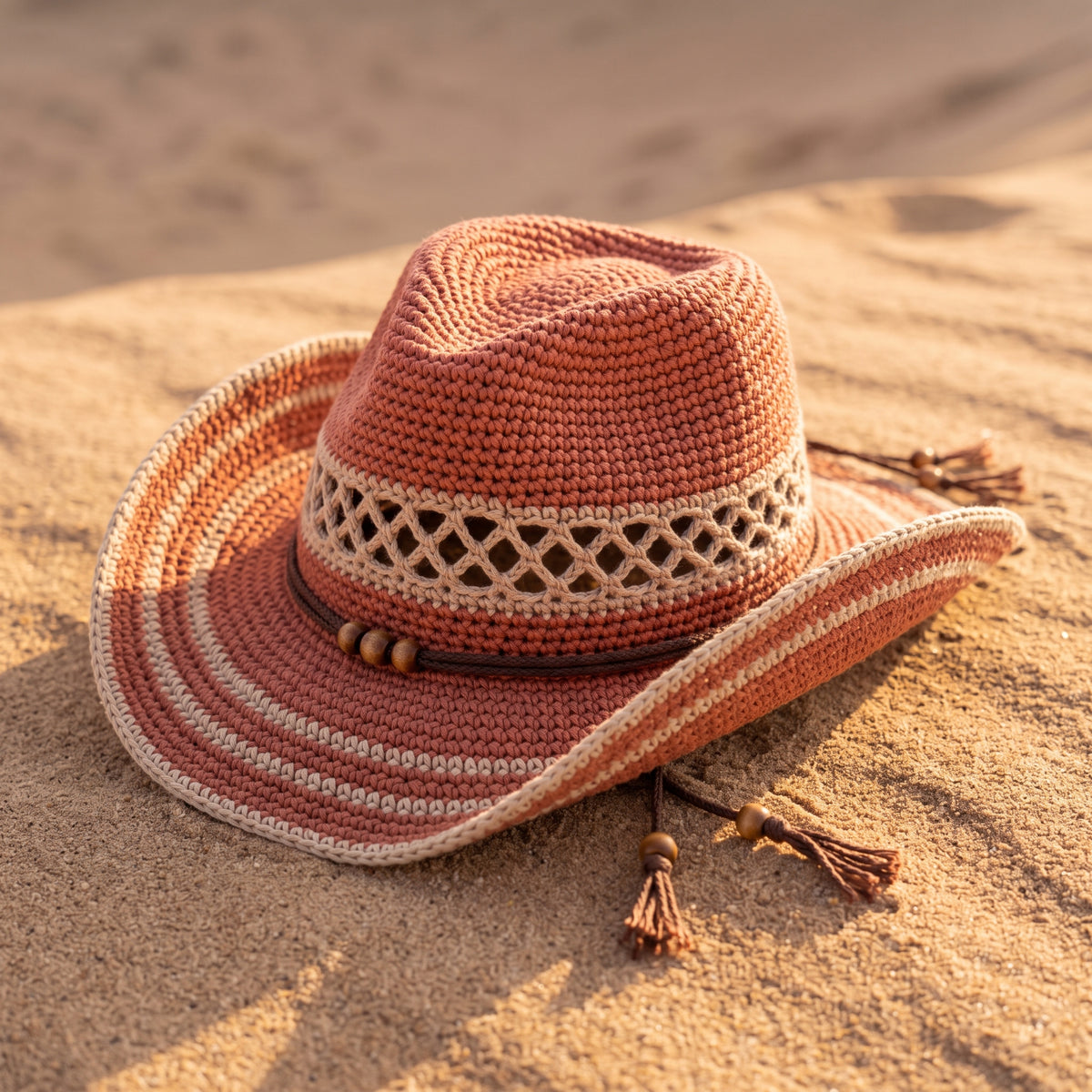 Crochet Cowboy Hat Pattern PDF, Desert Western Hat with Lattice Band and Fringe Cord, Terracotta Cowgirl Hat Crochet Pattern
