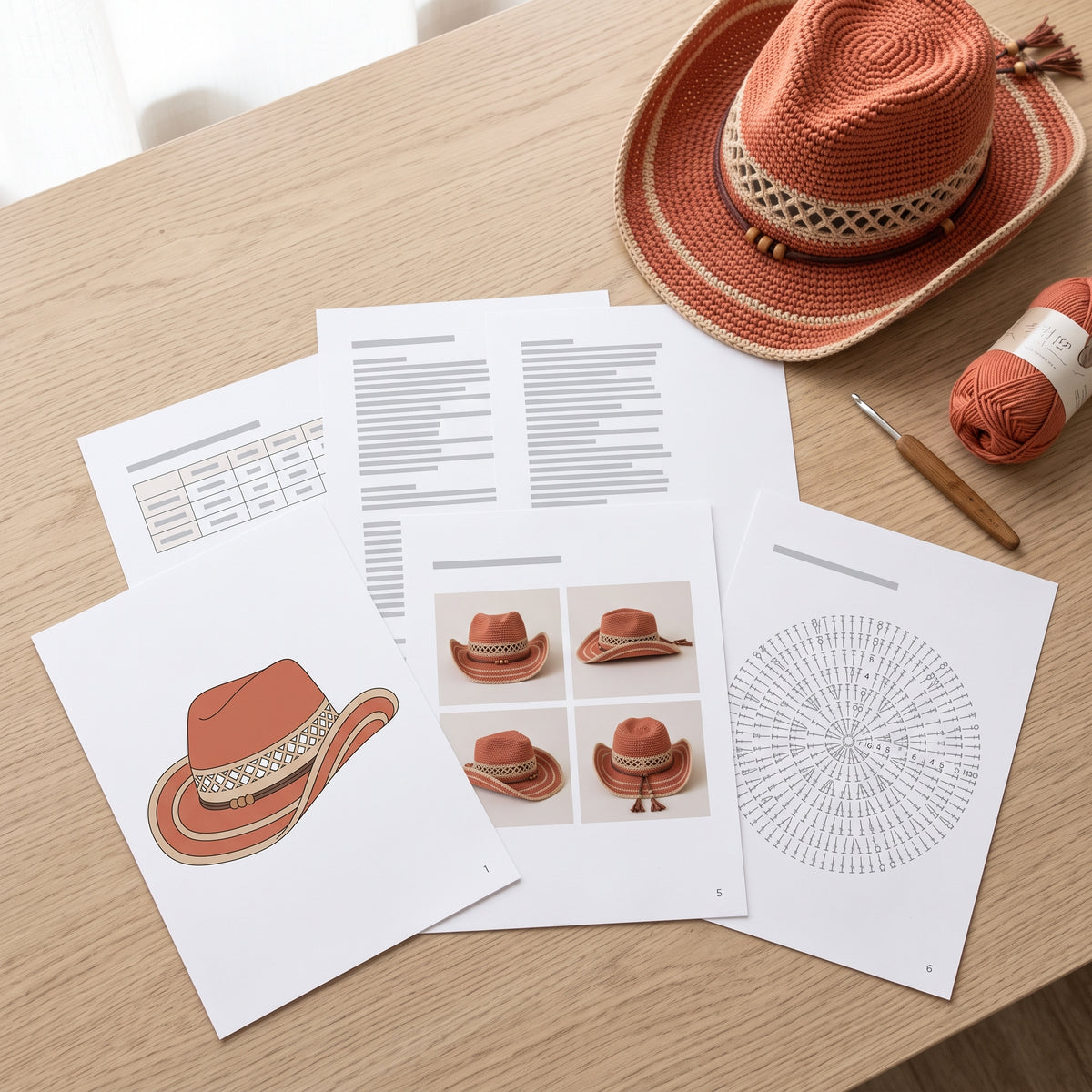 Crochet Cowboy Hat Pattern PDF, Desert Western Hat with Lattice Band and Fringe Cord, Terracotta Cowgirl Hat Crochet Pattern