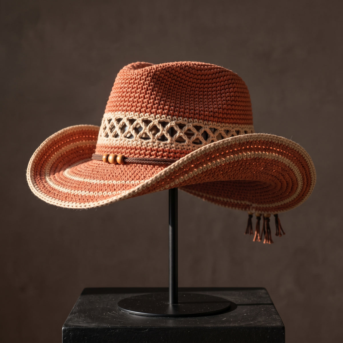 Crochet Cowboy Hat Pattern PDF, Desert Western Hat with Lattice Band and Fringe Cord, Terracotta Cowgirl Hat Crochet Pattern