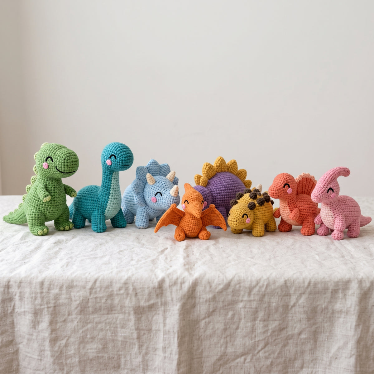 Dinosaur Crochet Pattern PDF, 8 Amigurumi Dinosaurs, T-Rex, Triceratops, Stegosaurus, Baby Safe Embroidered Eyes, Beginner