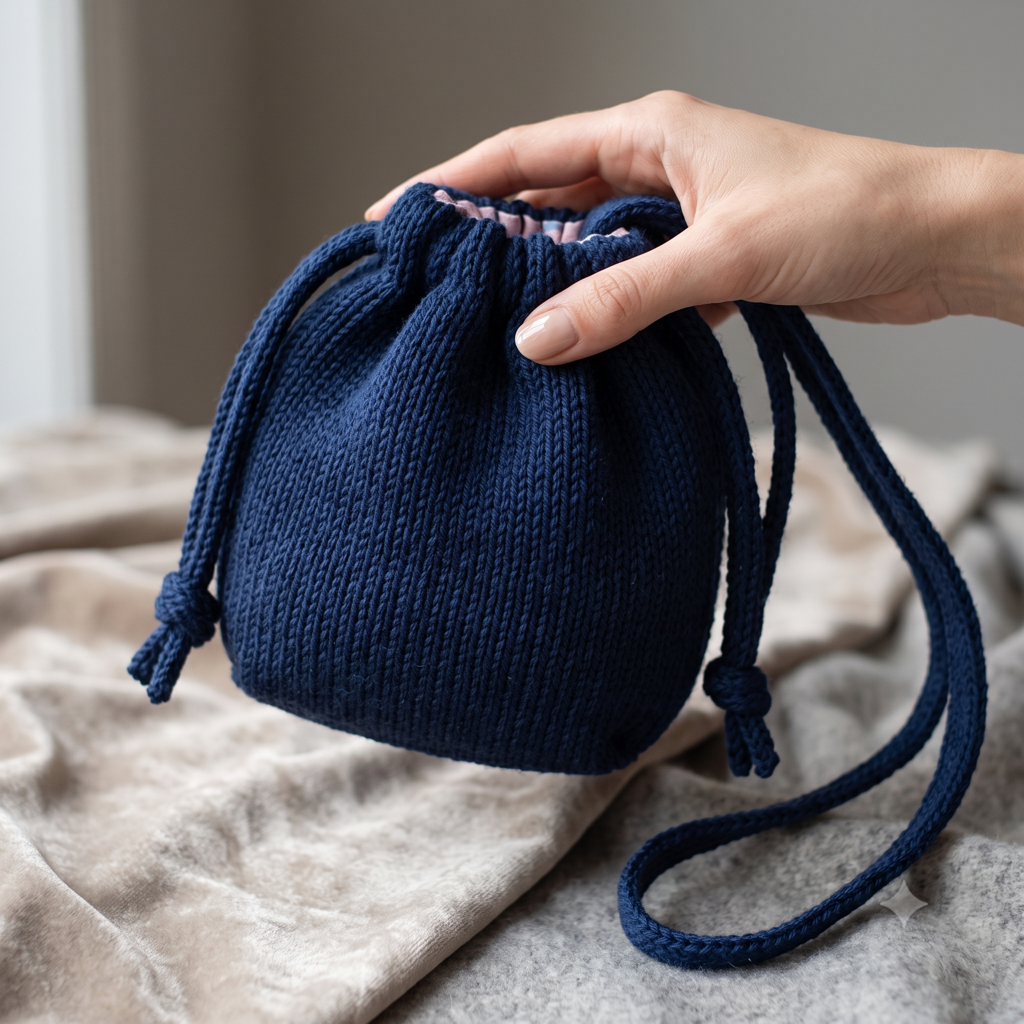 Drawstring Bucket Bag Knitting Pattern β PDF Knit Pouch Purse in 3 Sizes β Beginner-Friendly Intermediate Project β Crossbody Knit Bag with Cord & Strap β Instant Download