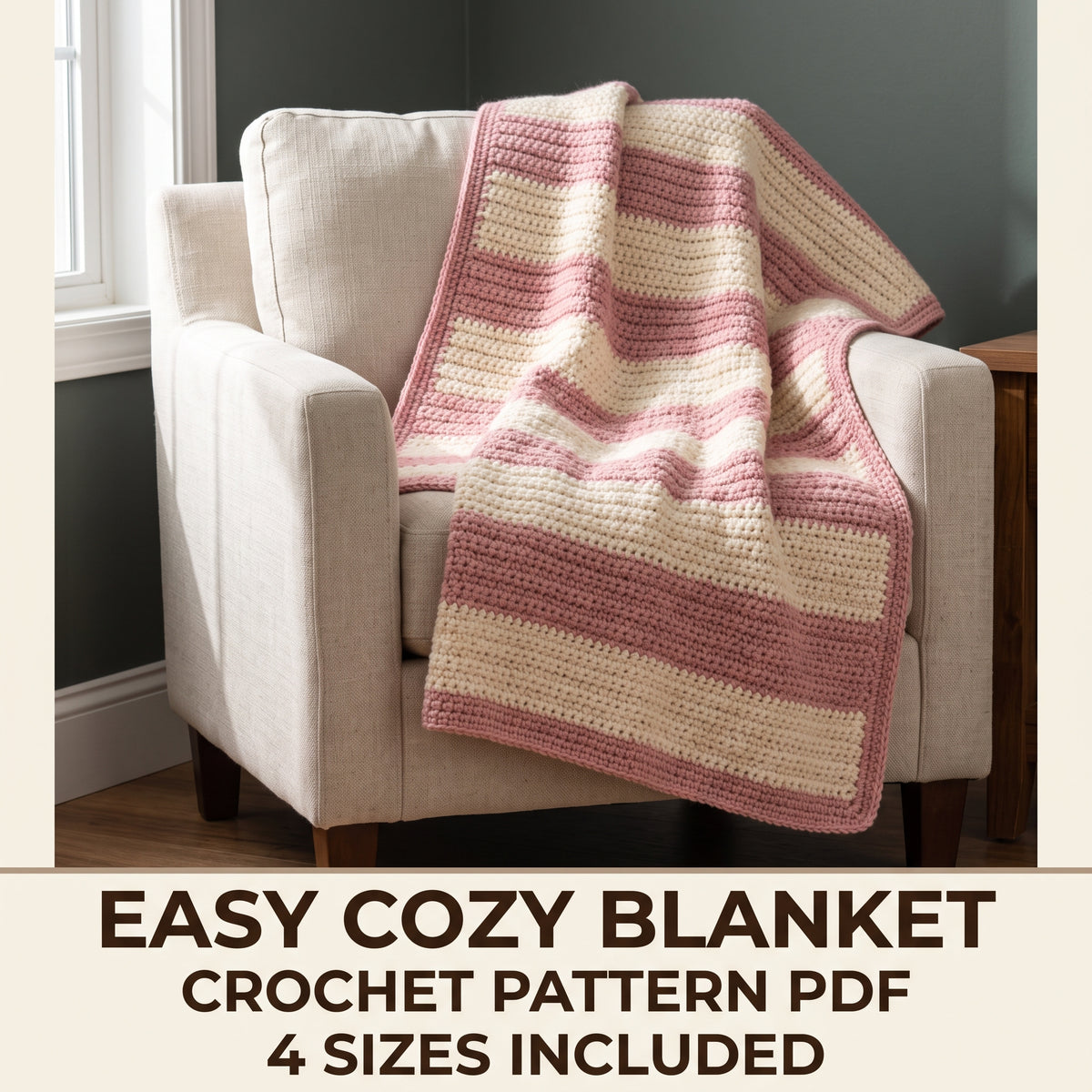 Easy Crochet Blanket Pattern PDF, Half Double Crochet Throw, Beginner Blanket, 4 Sizes Baby to Large Throw, Striped Option