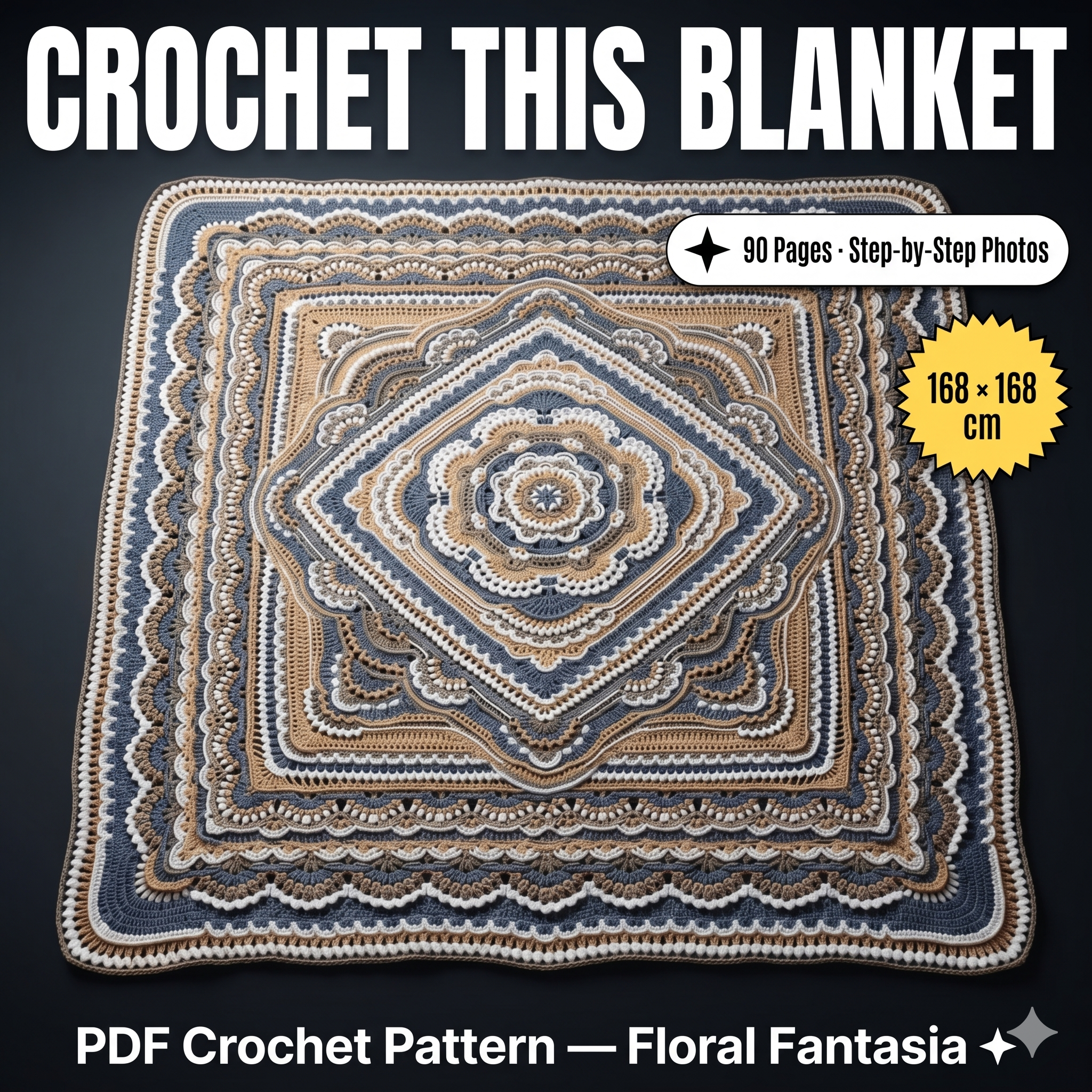 Crochet blanket pattern pdf file FLORAL FANTASIA blanket pattern photo tutorial girl vintage vibe blanket pattern