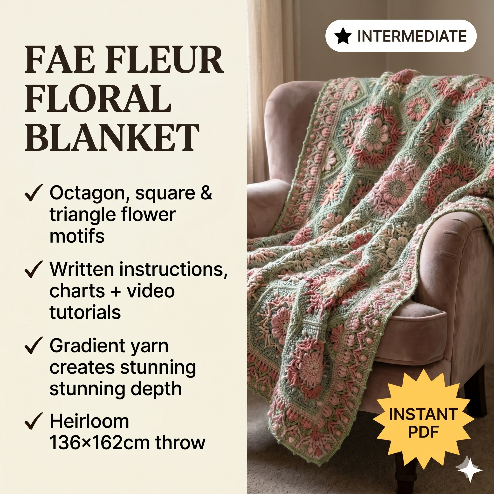 PATTERN - Fae Fleur mosaic crochet blanket - textured colorful flower - crochet octagon - instant download