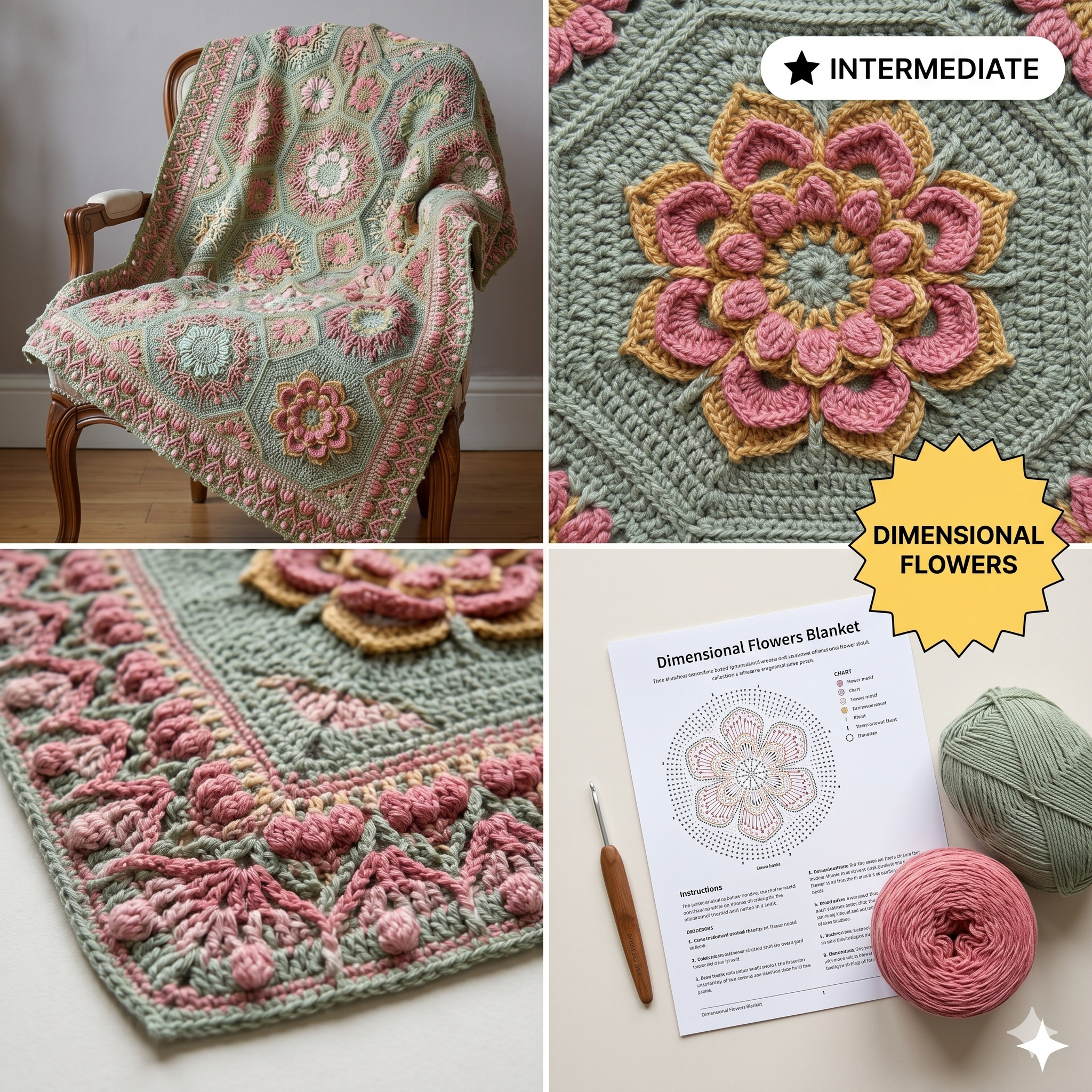 PATTERN - Fae Fleur mosaic crochet blanket - textured colorful flower - crochet octagon - instant download
