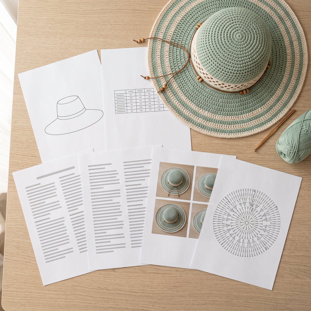Crochet Sun Hat Pattern PDF, Wide Brim Beach Hat with Lattice Band, Floppy Summer Hat Crochet Pattern, Mint and Cream