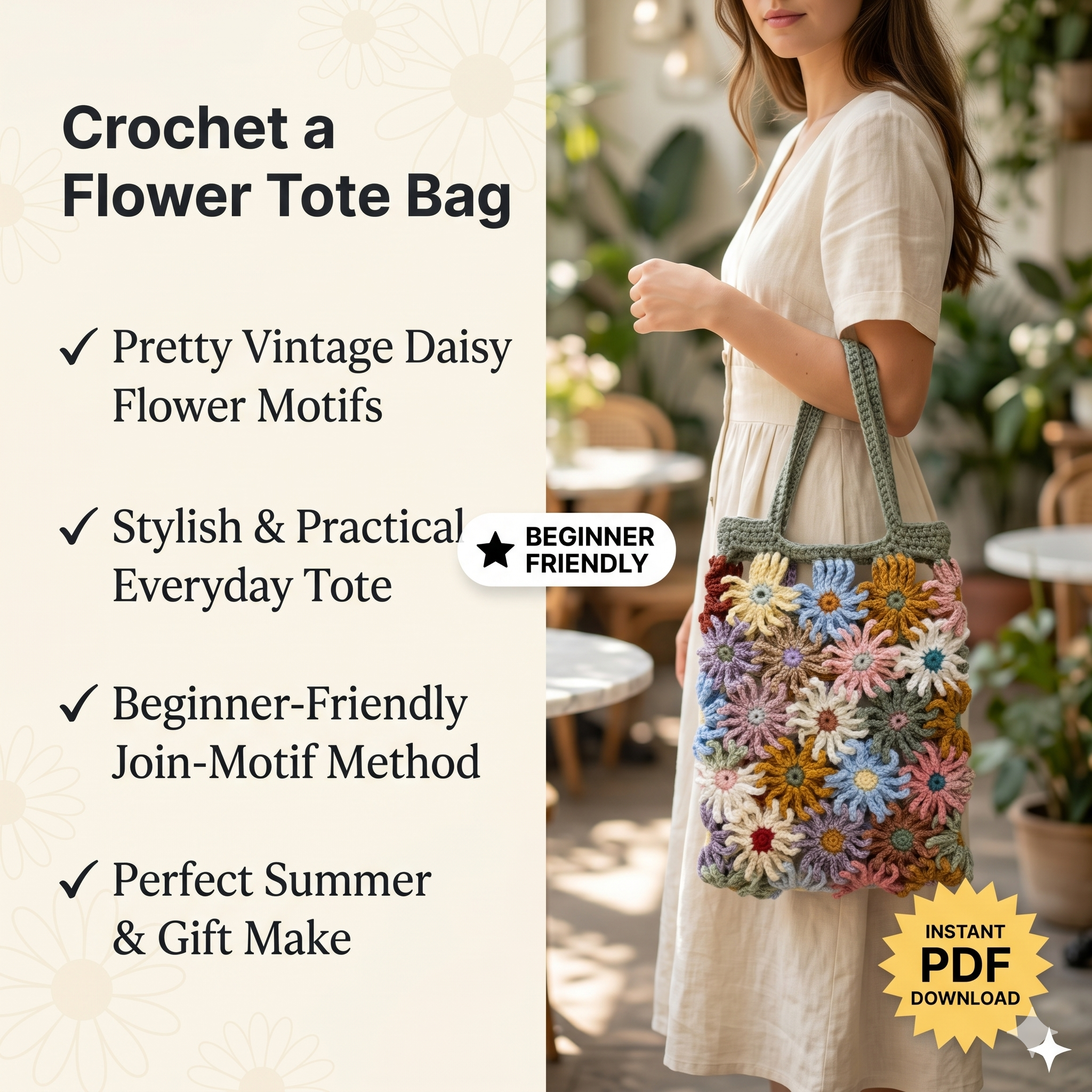 Crochet Flower Bag Pattern – Floral Tote Bag PDF Digital Download