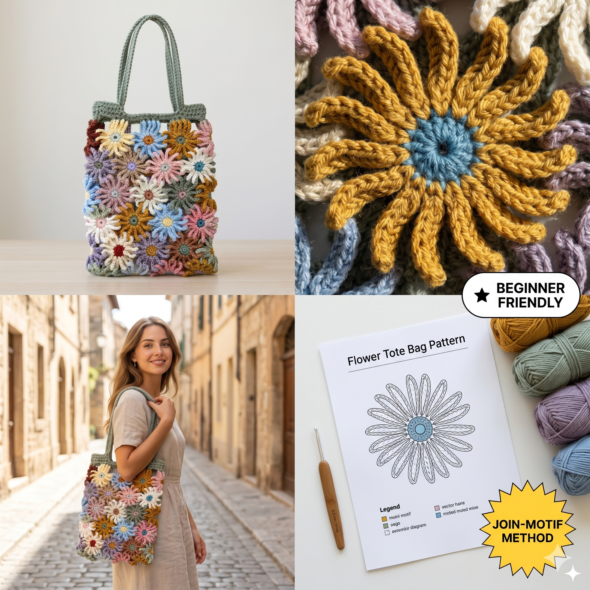 Crochet Flower Bag Pattern – Floral Tote Bag PDF Digital Download