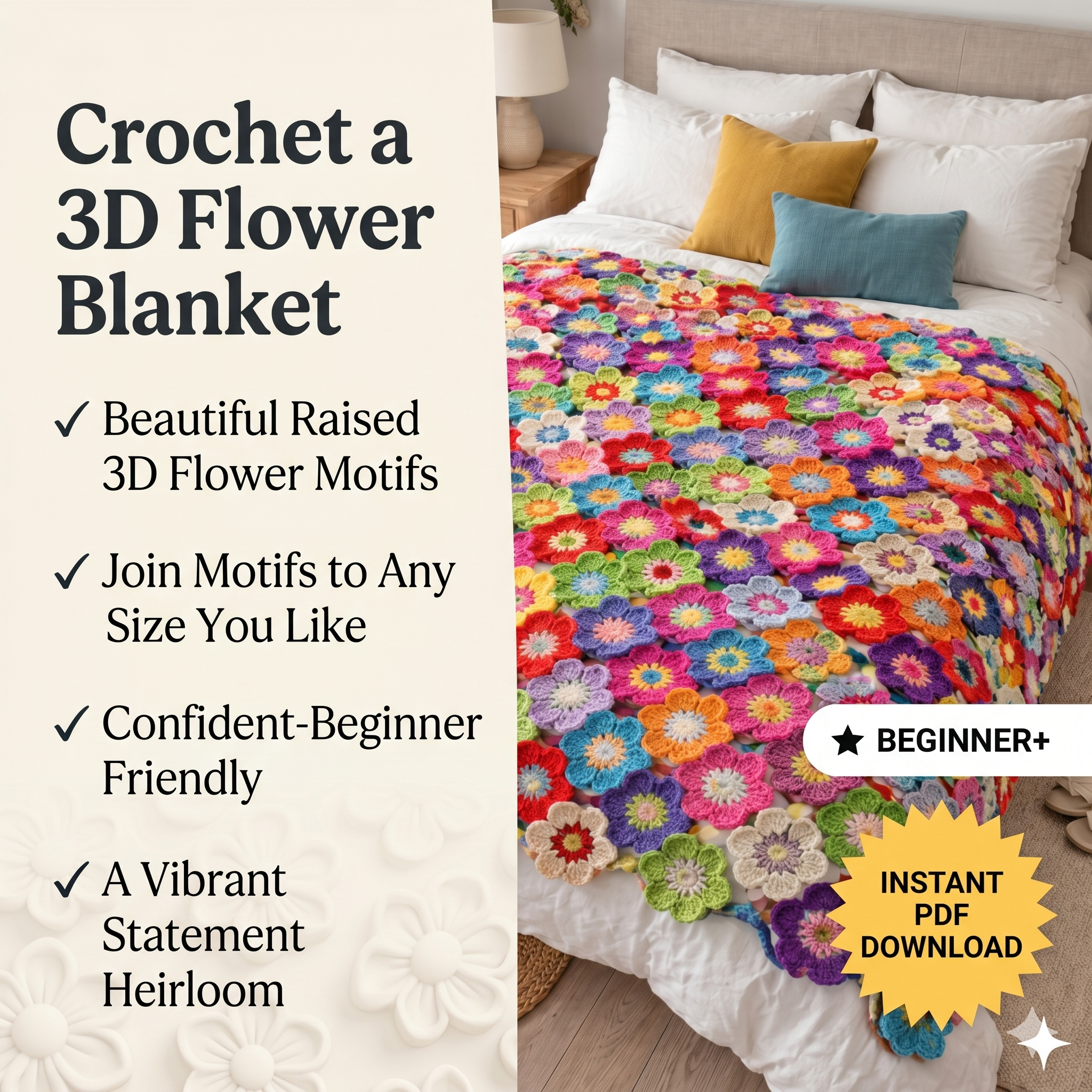 Crochet Flower Blanket Pattern – 3D Floral Granny Square Throw (PDF Download)