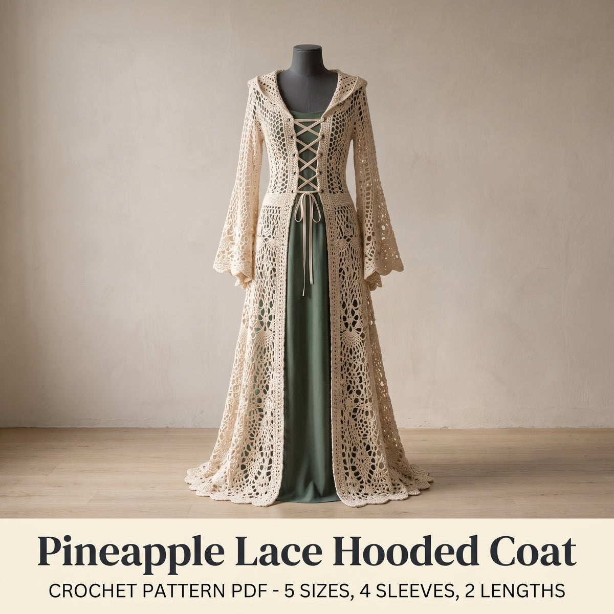 Crochet Coat Pattern PDF, Pineapple Lace Hooded Duster, 5 Sizes