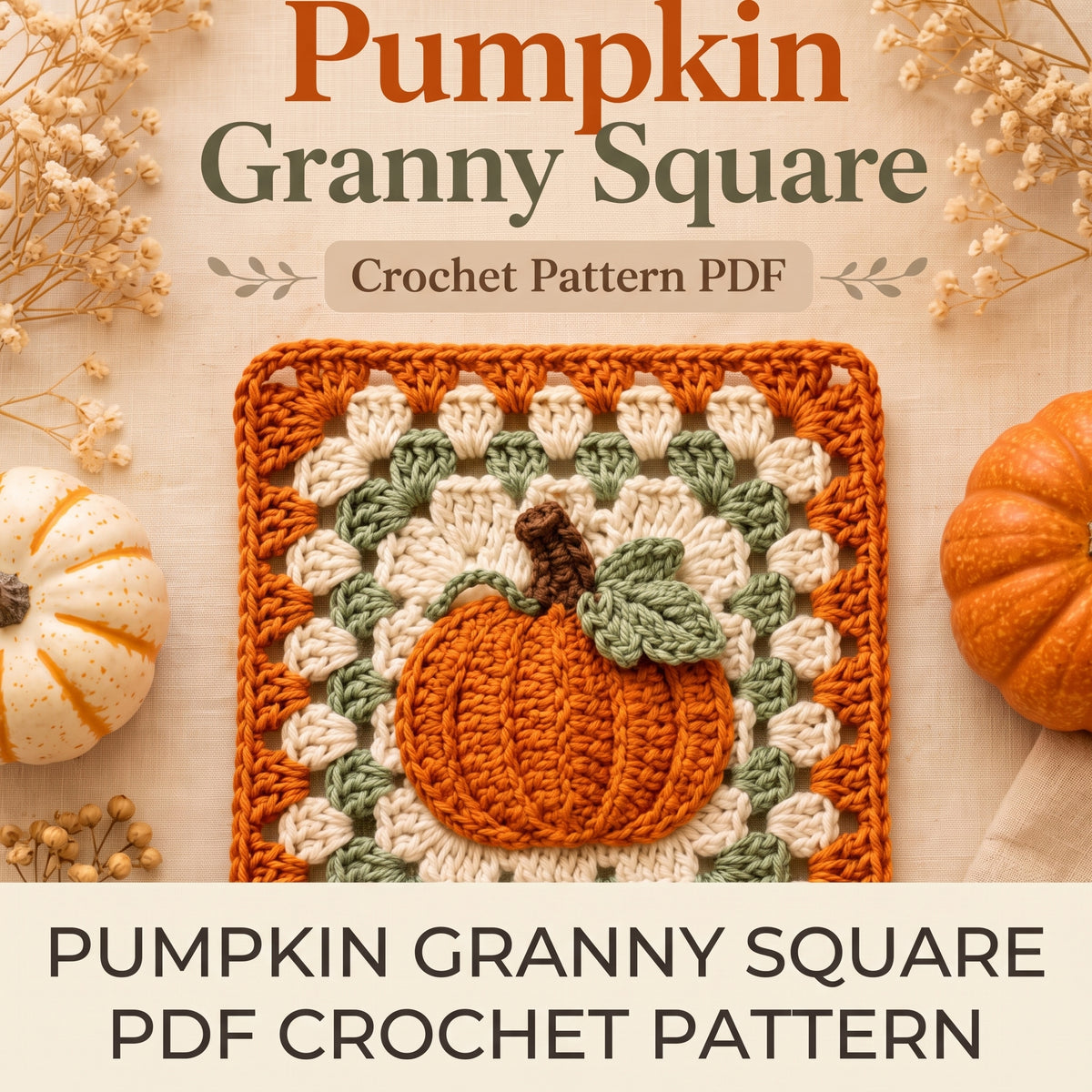 Pumpkin Granny Square Crochet Pattern PDF | Fall Motif for Blankets & Afghans, 8.5 in, US Terms