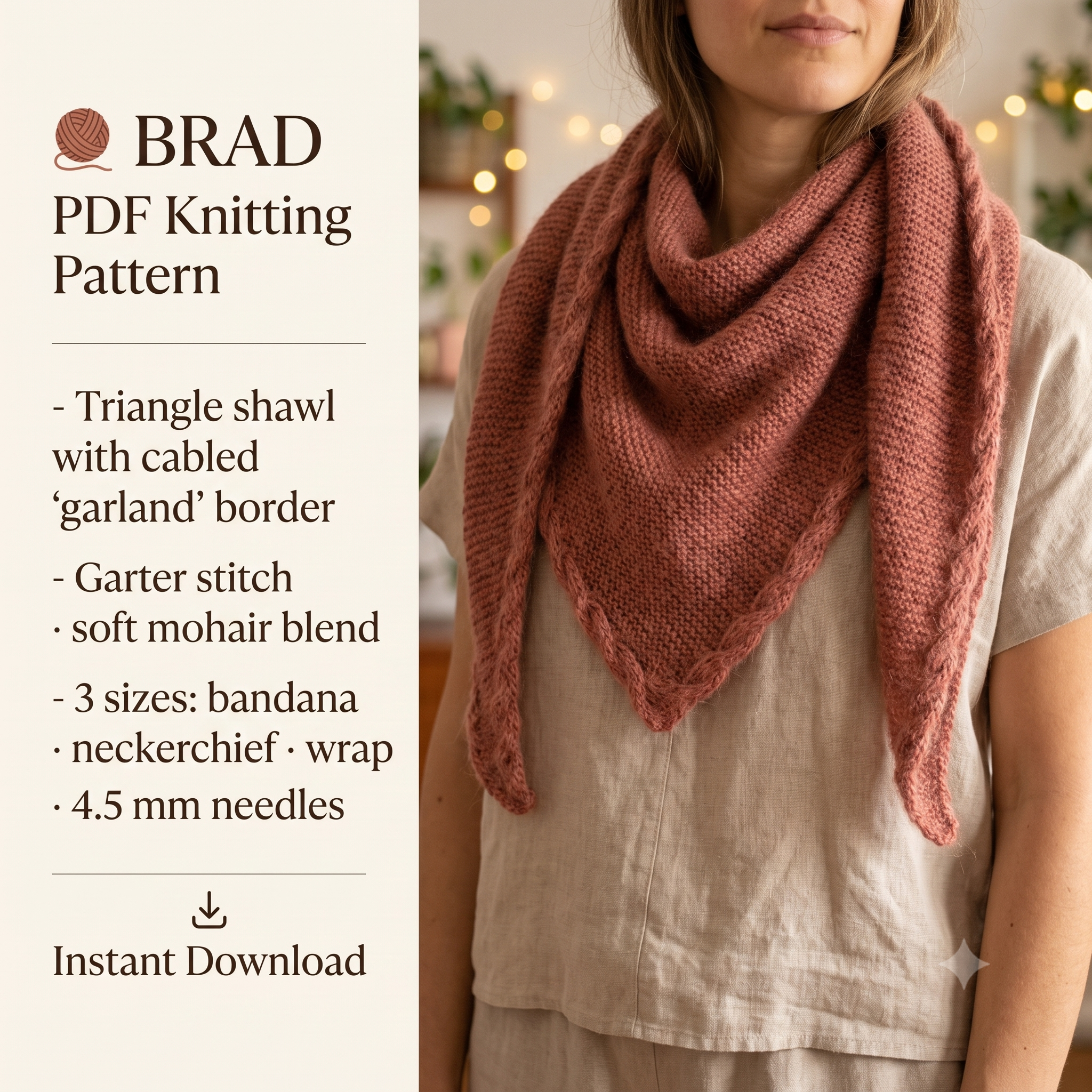 Brad Shawl Knitting Pattern – PDF Triangle Wrap Pattern – 3 Sizes S/M/L – Garter Stitch Bandana Scarf with Cabled Borders – Instant Download